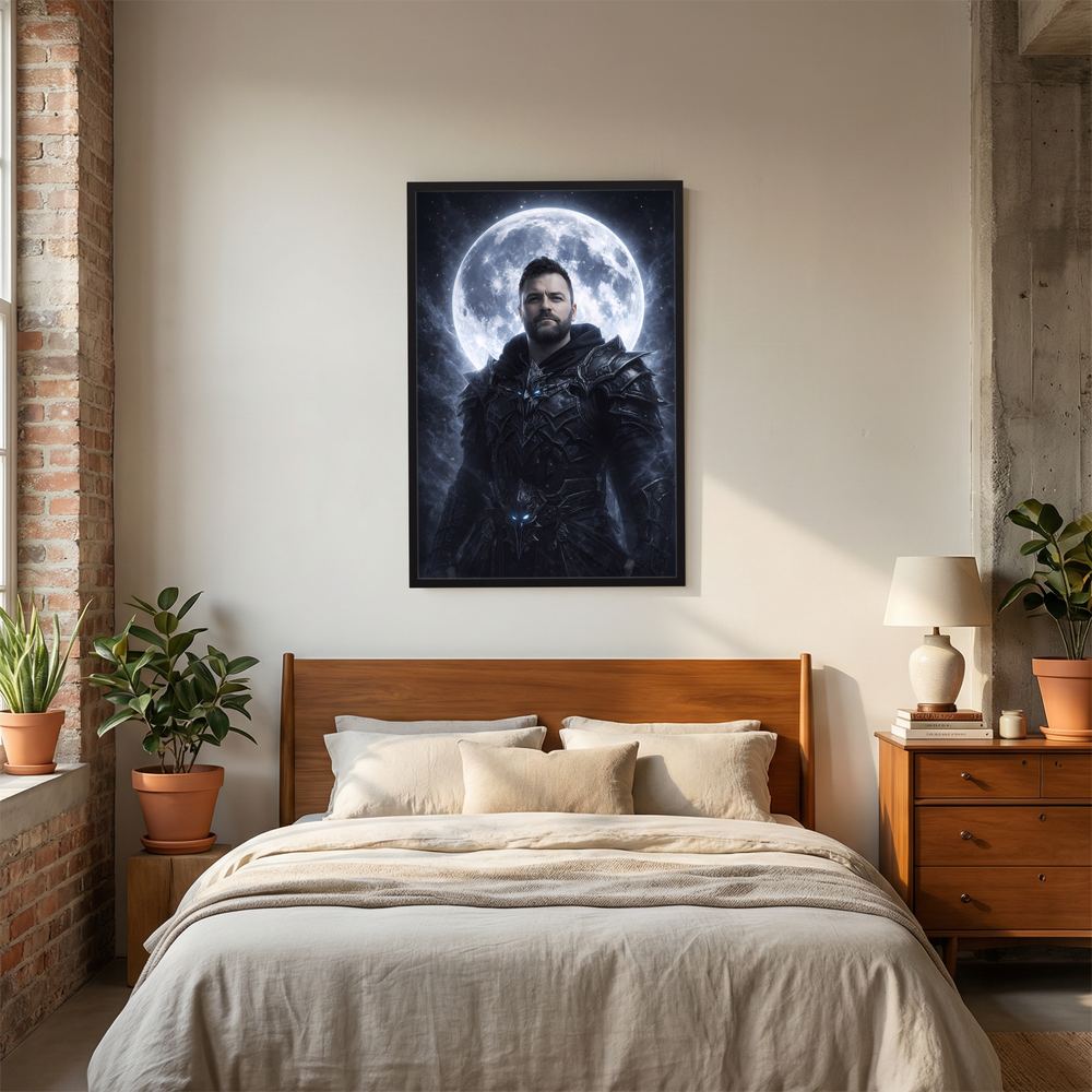 Fantasy-Poster mit Ritter in dunkler Rüstung vor Vollmond, schwarz gerahmt