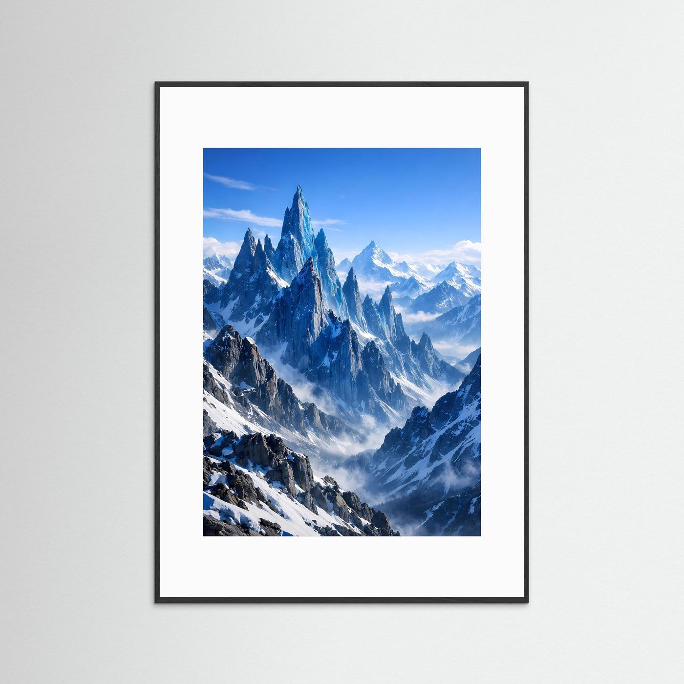 Alpenkunstposter mit schneebedeckten Berggipfeln, schwarzer Rahmen und weißes Passepartout