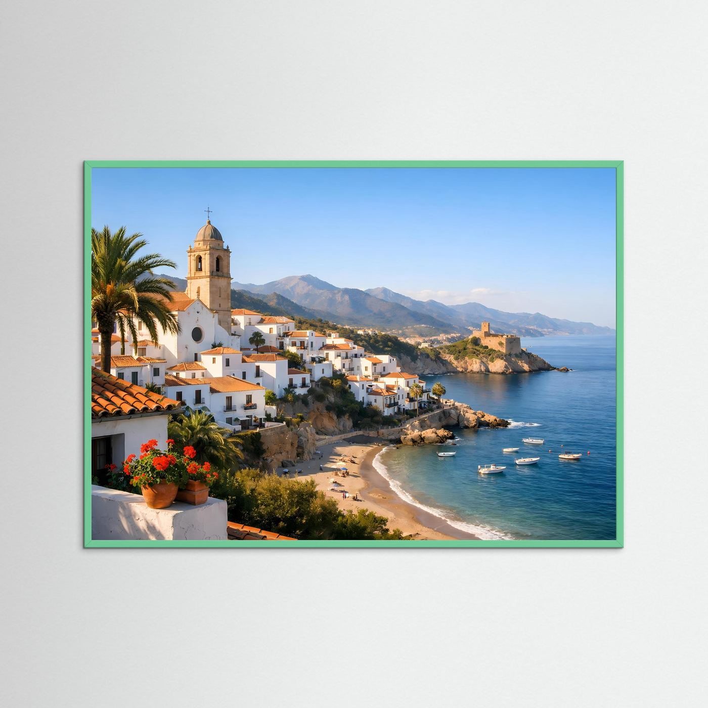 Mediterranes Küstendorf-Poster mit Bucht, Sandstrand und Kirchturm am Ufer.