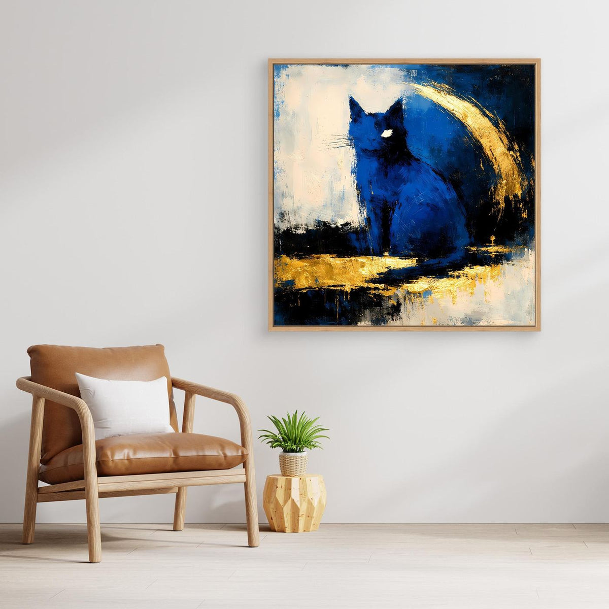 Gerahmtes Leinwandbild: abstrakter Elefant in Blau und Gold, rechteckig im Holzbilderrahmen