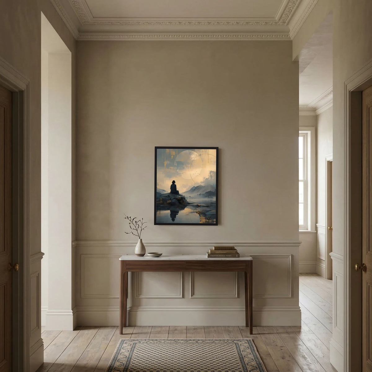 Meditationsposter im schwarzen Rahmen, sitzende Person auf Fels, Spiegelung im Wasser