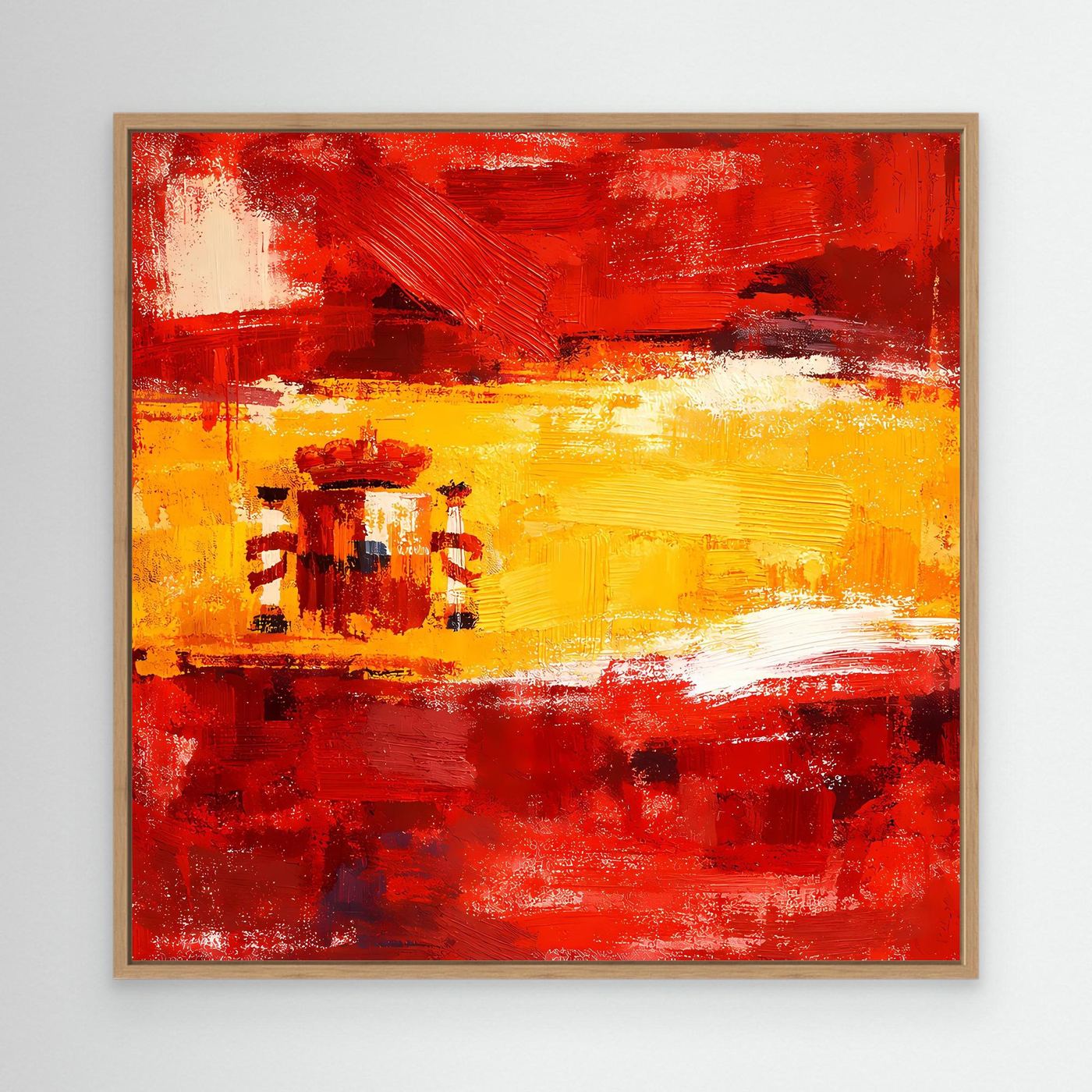 Abstract canvas wall art: red and yellow Spain flag brushstrokes, light wood frame