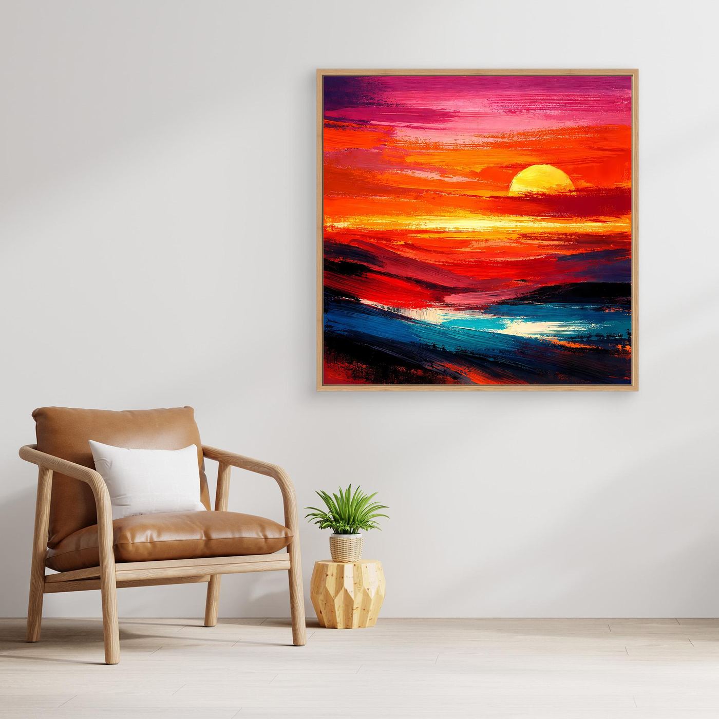 Rechteckiges Leinwandbild mit Rahmen, expressive Küstenlandschaft mit Sonnenuntergangsfarben