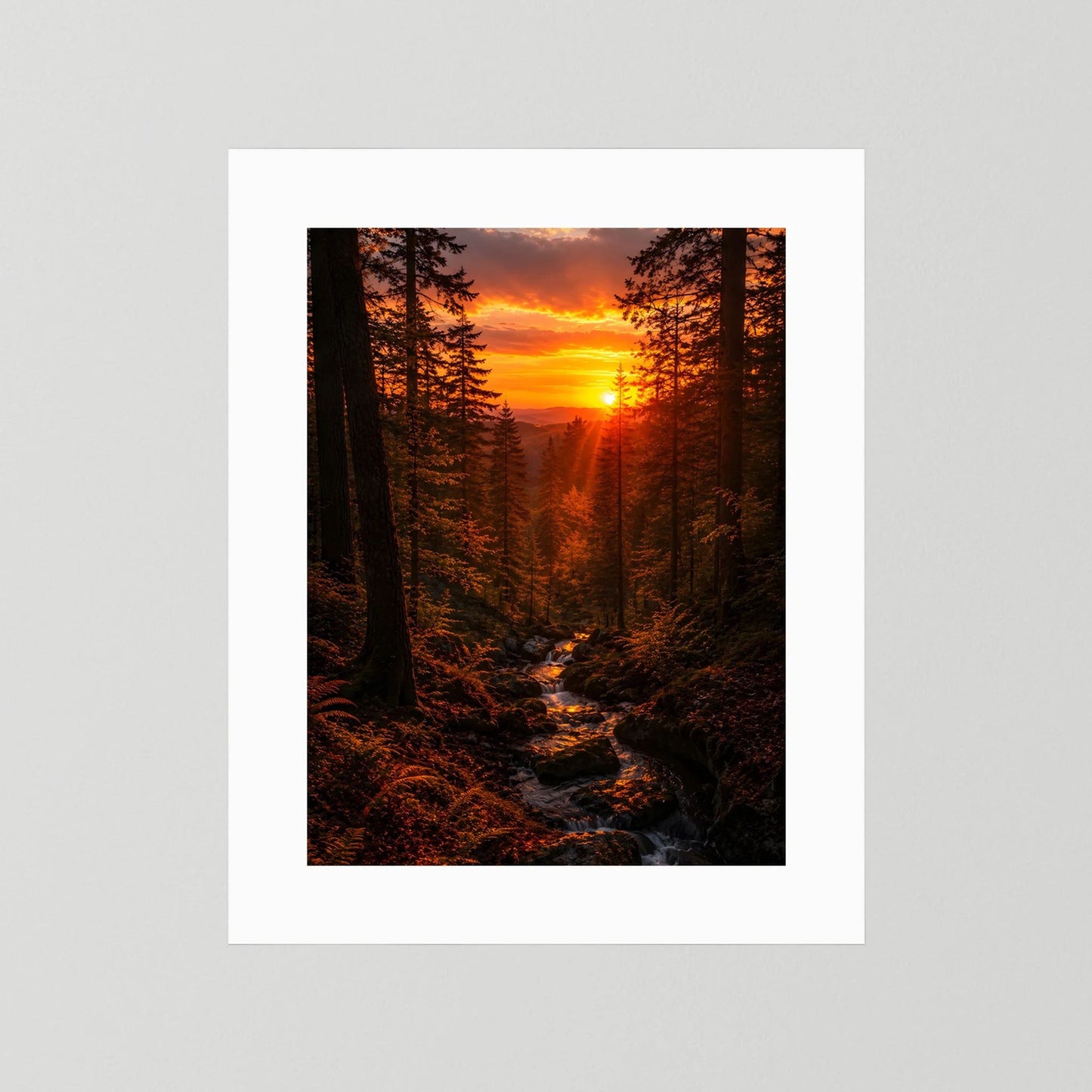 Poster im Hochformat mit Waldbach im Sonnenuntergang, weißer Rand