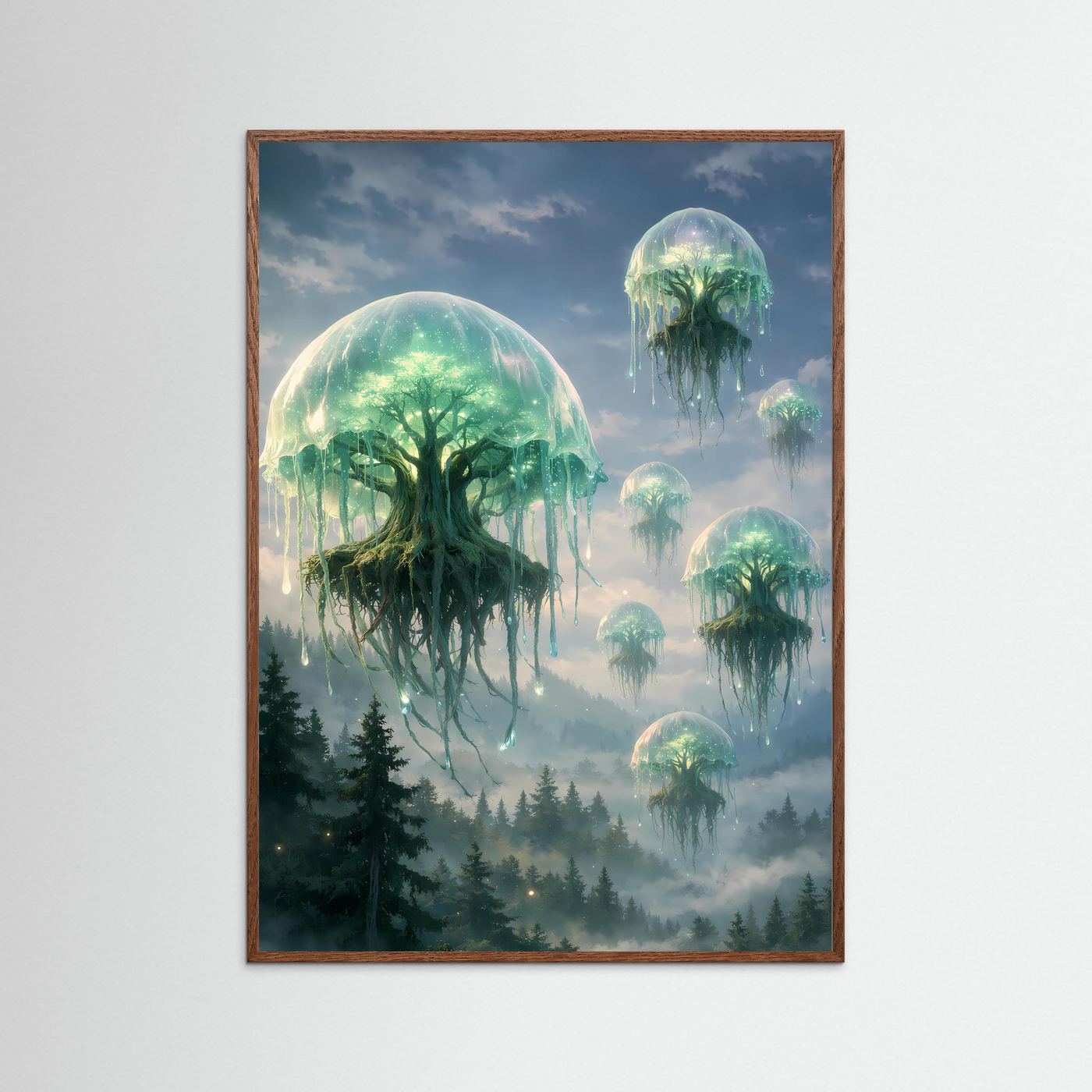Kunstposter mit braunem Holzrahmen: schwebende Quallen über nebeligen Gärten