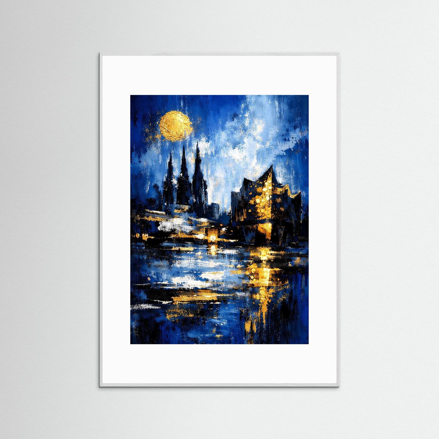 Skyline-Poster im grauen Rahmen mit abstrakter Hafenansicht, blauen Flächen und goldenen Lichtern