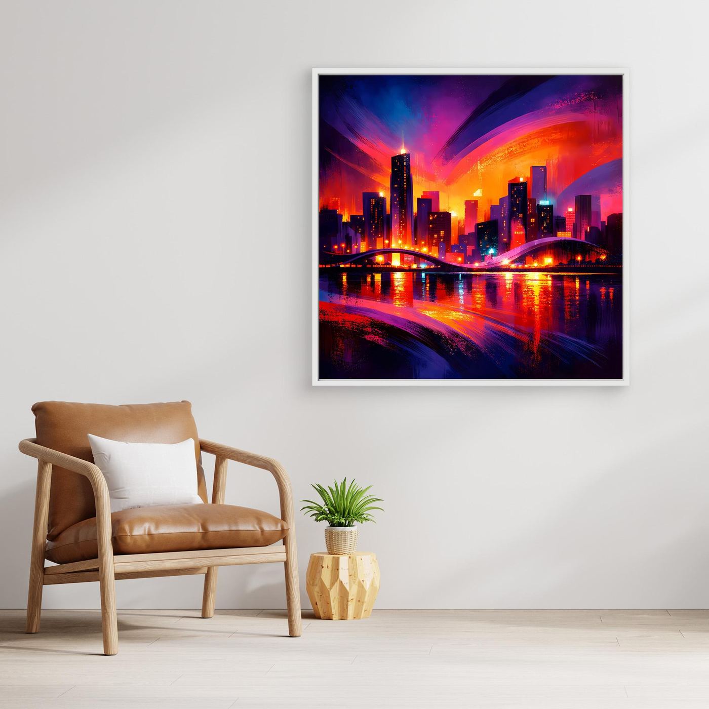 Wandbild Leinwand mit Neon-Skyline bei Nacht, schwarzer Rahmen