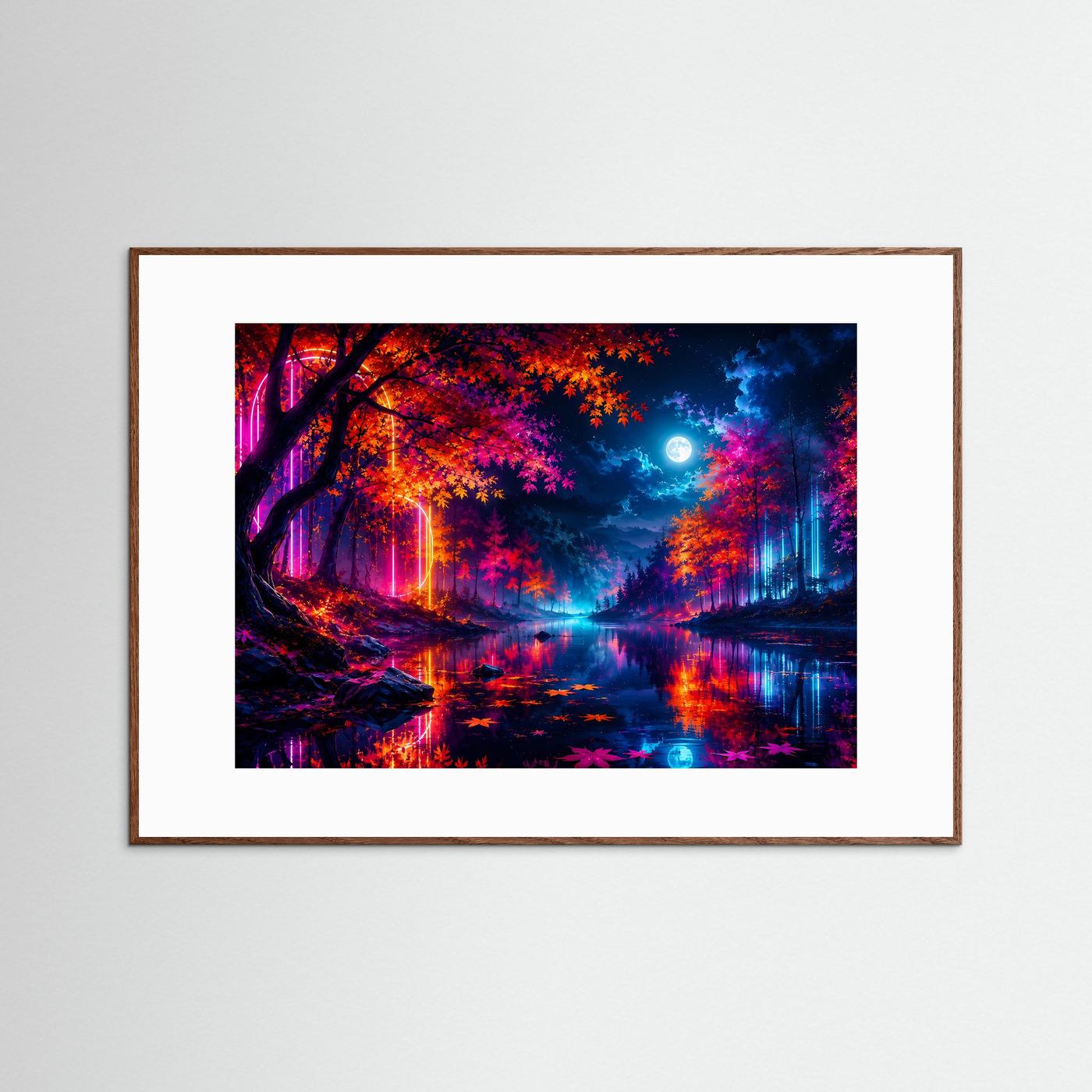 Neon Wald Poster | Futuristische Herbst Landschaft | Cyberpunk Natur Wandbild | Leuchtender Mond | Moderne Fantasy Kunst