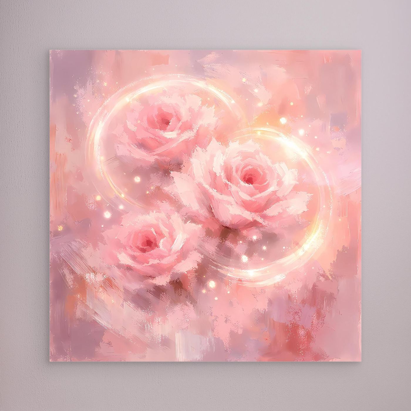 Wandbild auf Leinwand mit rosa Rosen, zwei schimmernden Kreisen und Punkten
