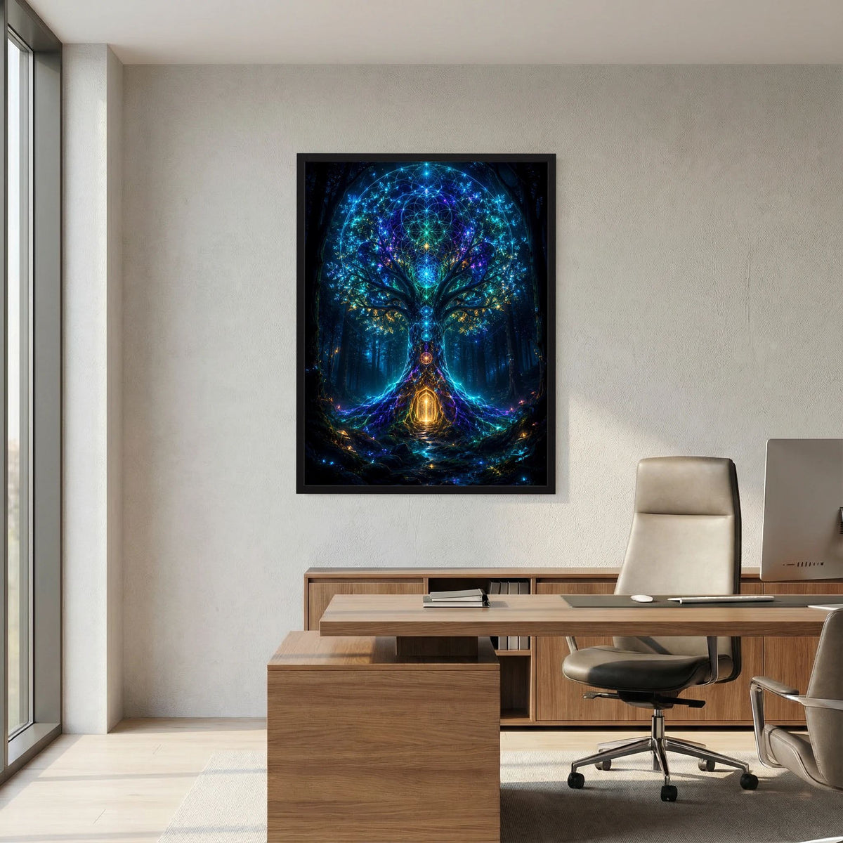 Poster mit schwarzem Rahmen: blaues Baumportal mit goldener Lichtquelle in der Mitte