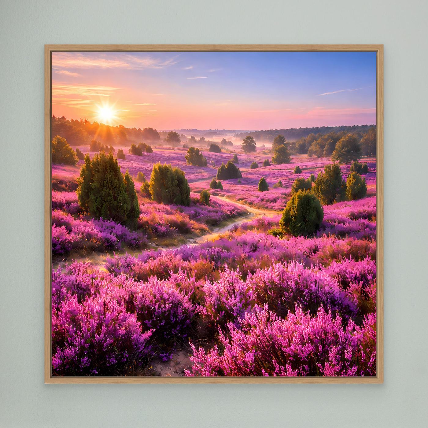 Leinwandbild Heidekrautfeld mit Sonnenaufgang, Holzrahmen