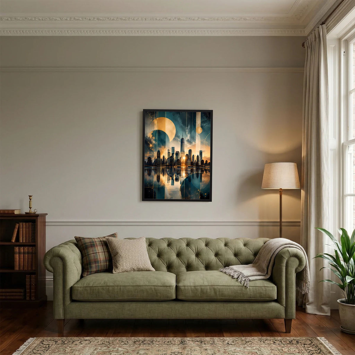 Hochformatiges Poster: abstrakte City-Silhouette mit goldenen Monden in Petrol, schwarzer Rahmen