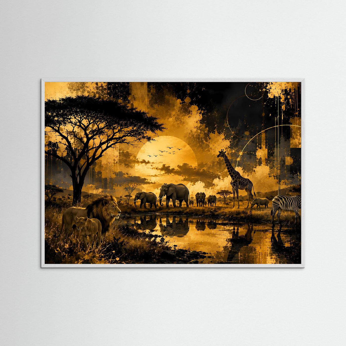 Savannenposter mit Elefanten, Löwe, Giraffe und Zebra in Schwarz-Gold im Holzrahmen