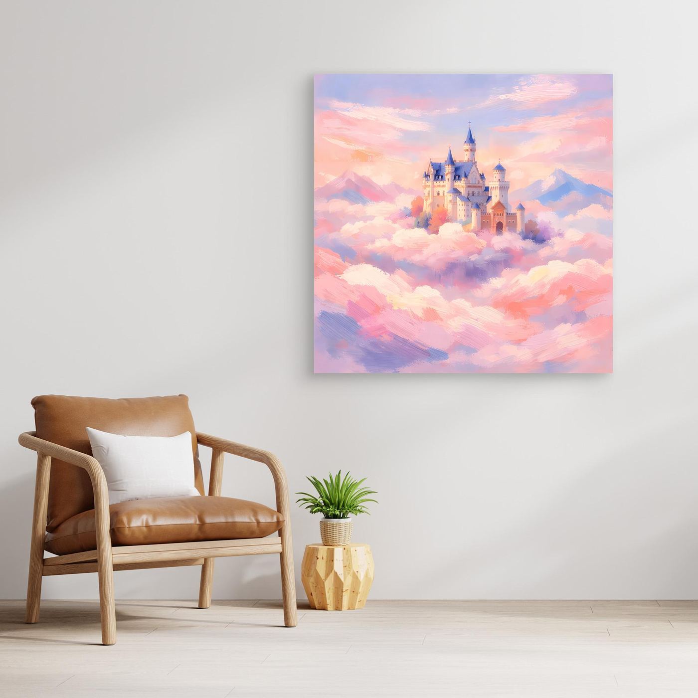 Leinwand Schloss Neuschwanstein über Wolken | Märchenhafte Pastelltöne Wandbild