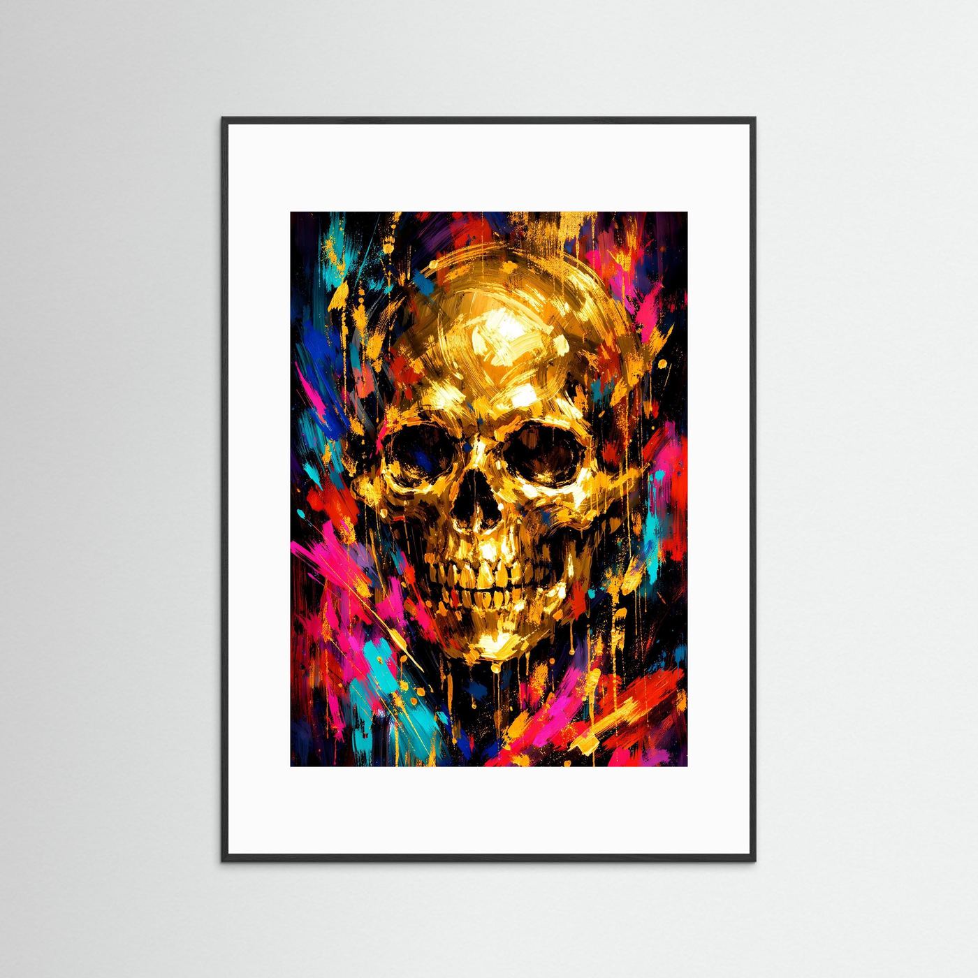 Totenkopf-Kunstposter mit goldenem Schädel und bunten Farbspritzern, mit Rahmen und Passepartout