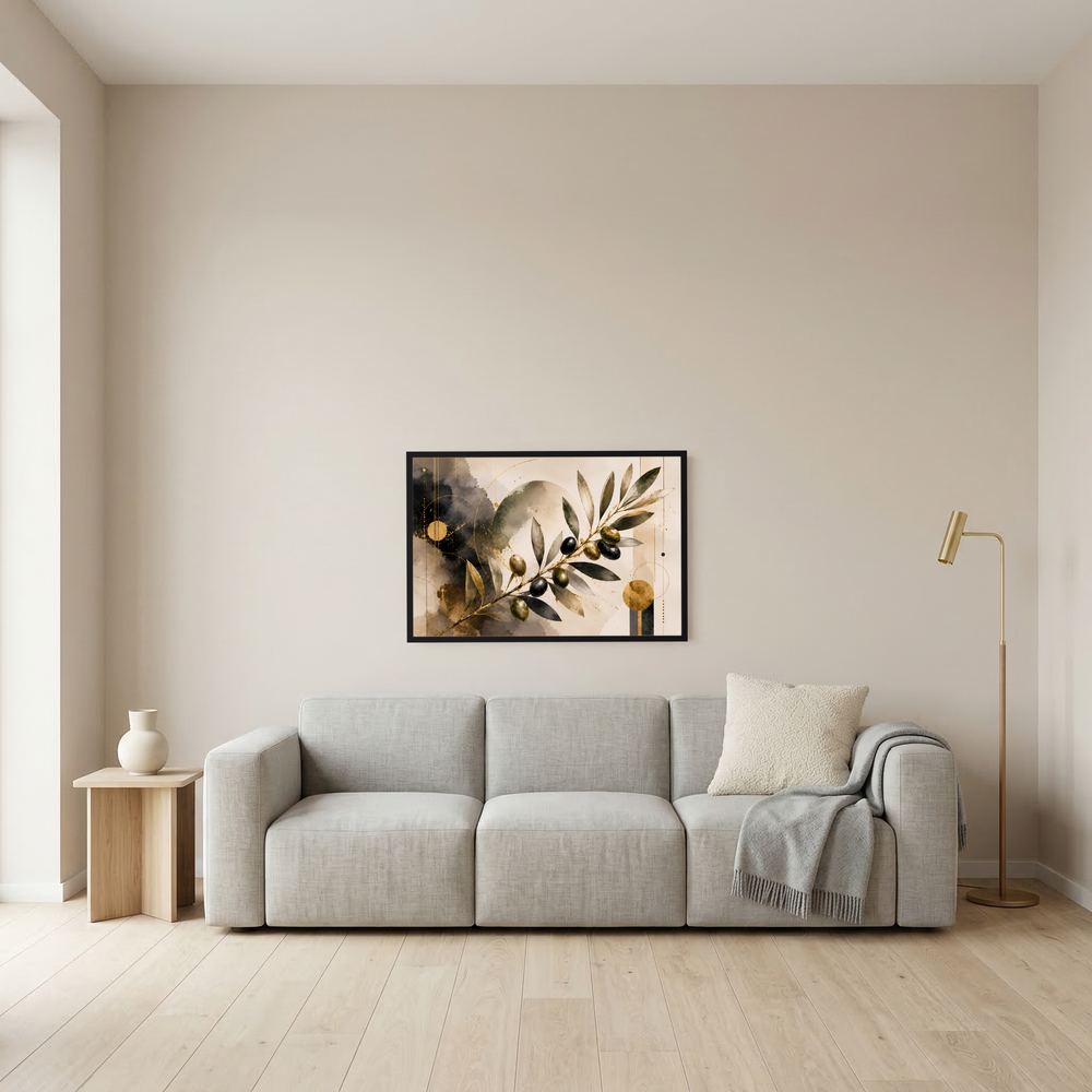 Wandposter im schwarzen Rahmen mit Olivenzweigen in Schwarz und Gold