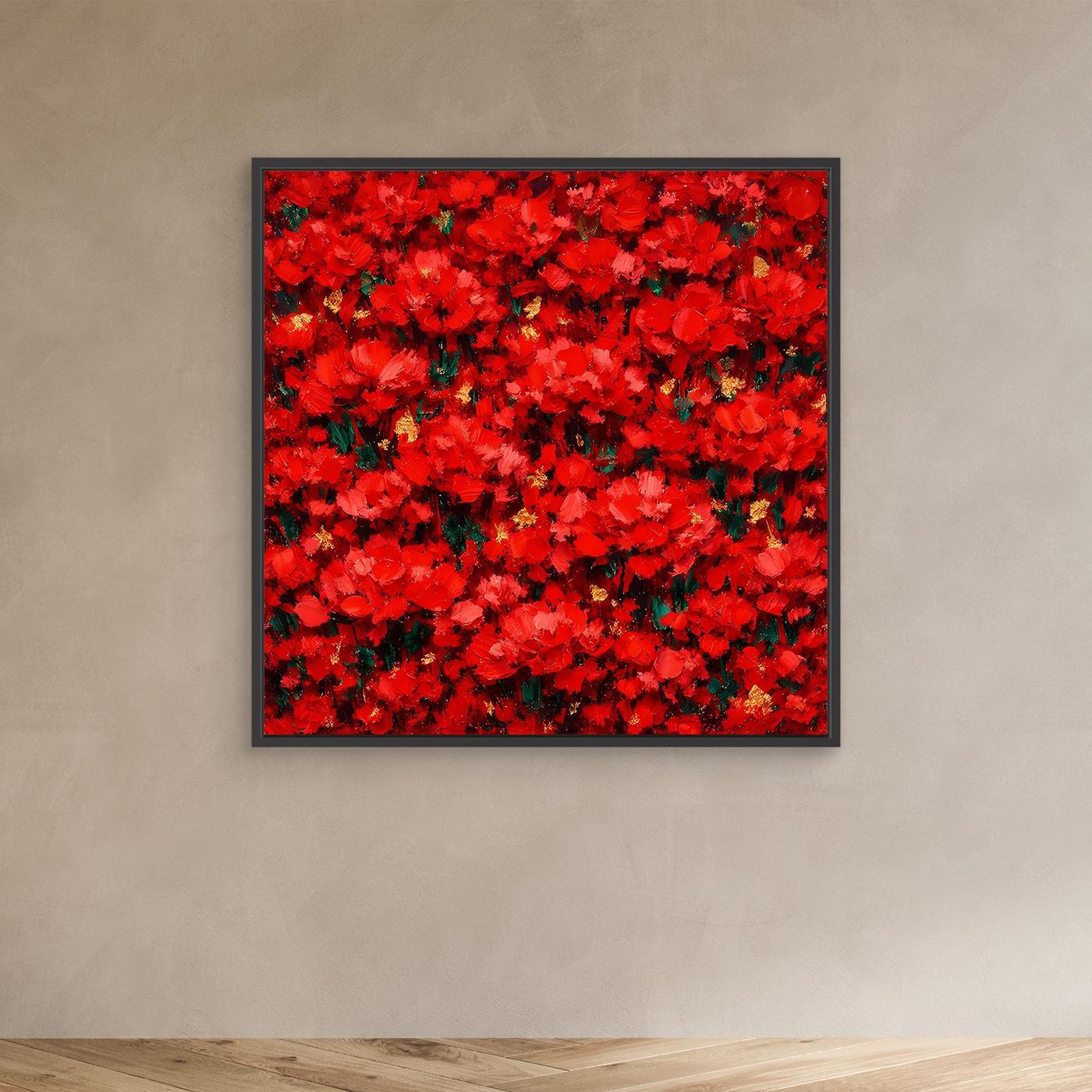 Rotes florales Acrylbild mit abstraktem Blütenmeer, schwarzer Rahmen