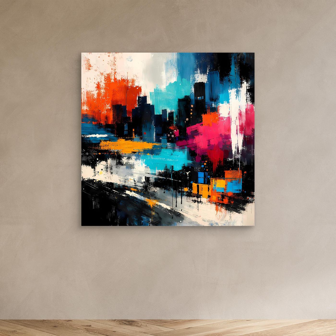 Abstract city skyline wall art with blue, orange, pink, and black paint, no frame