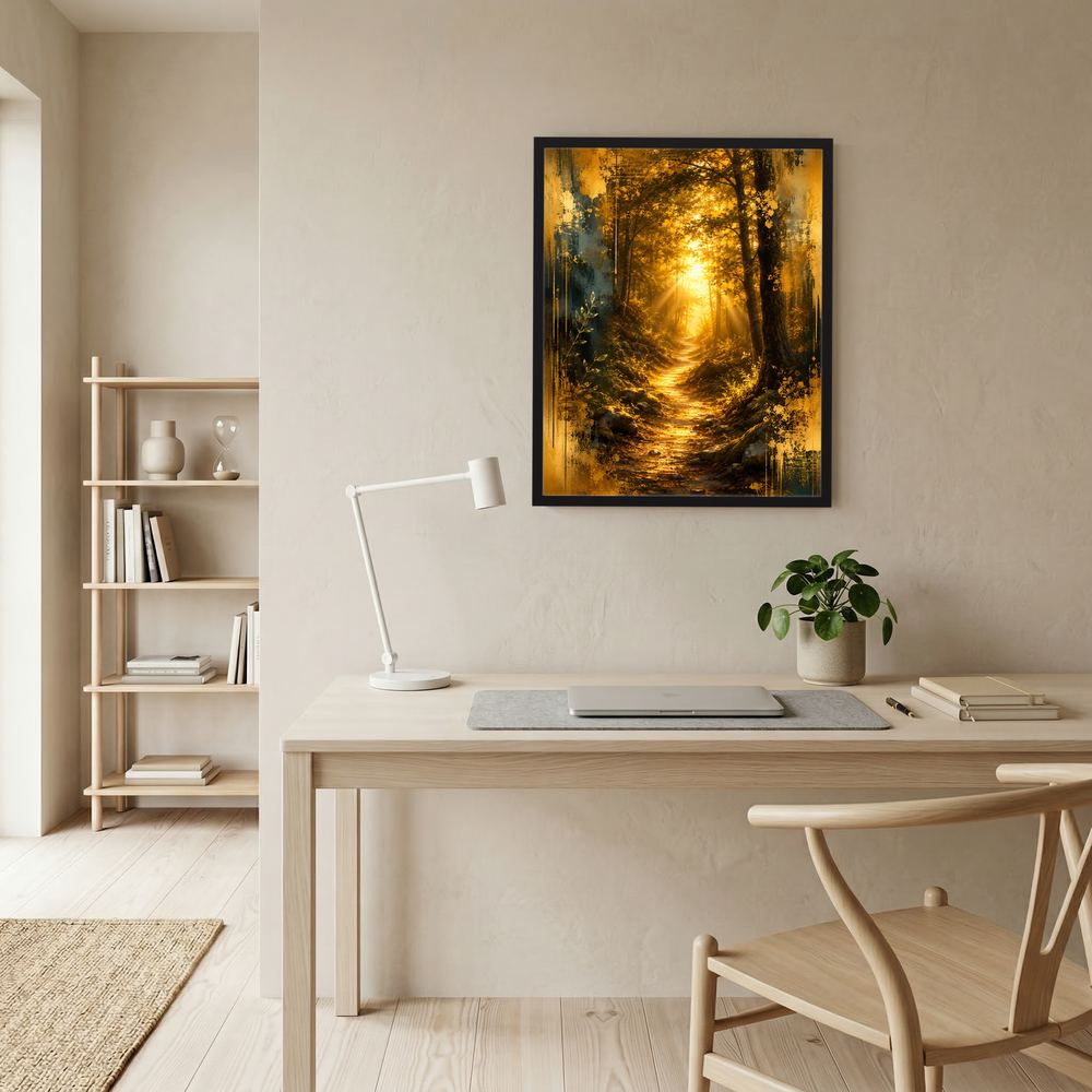 Waldweg-Poster mit Sonnenlicht im schwarzen Rahmen