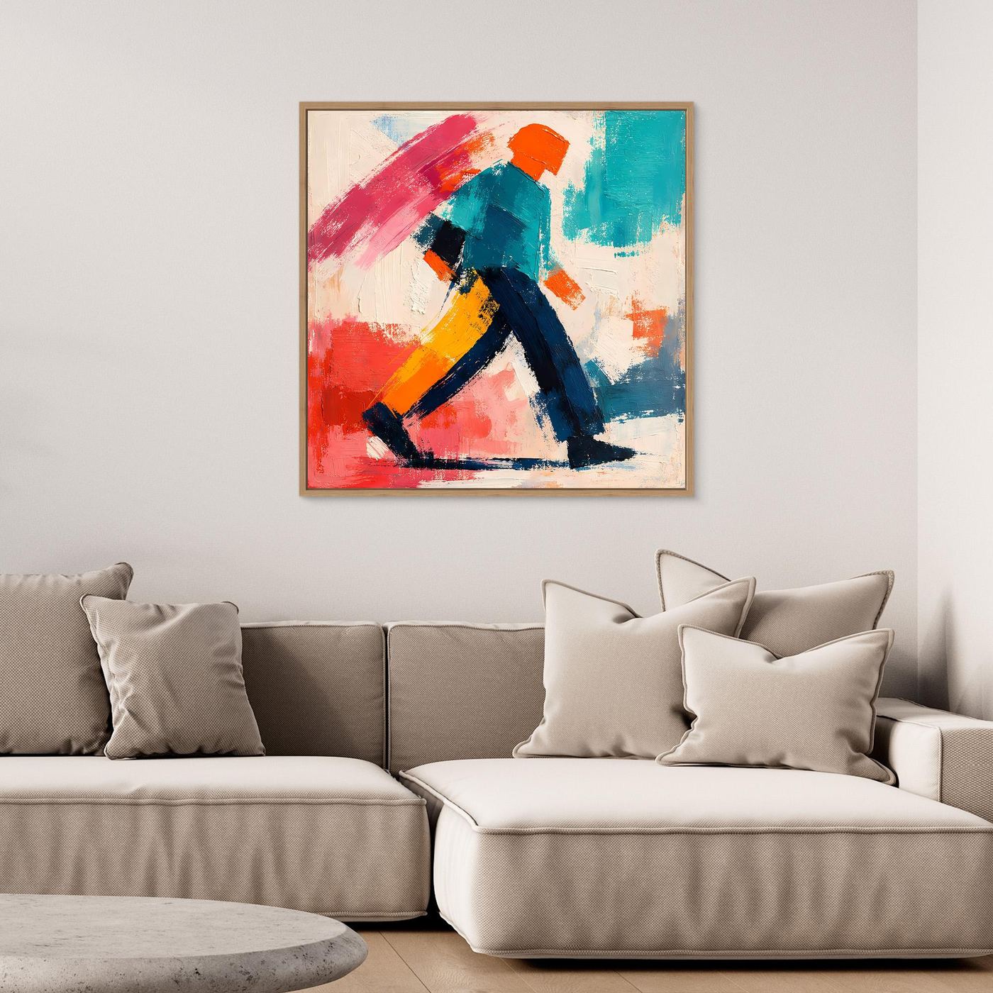 Framed abstract pop art canvas print with walking figure in red, teal, orange and blue