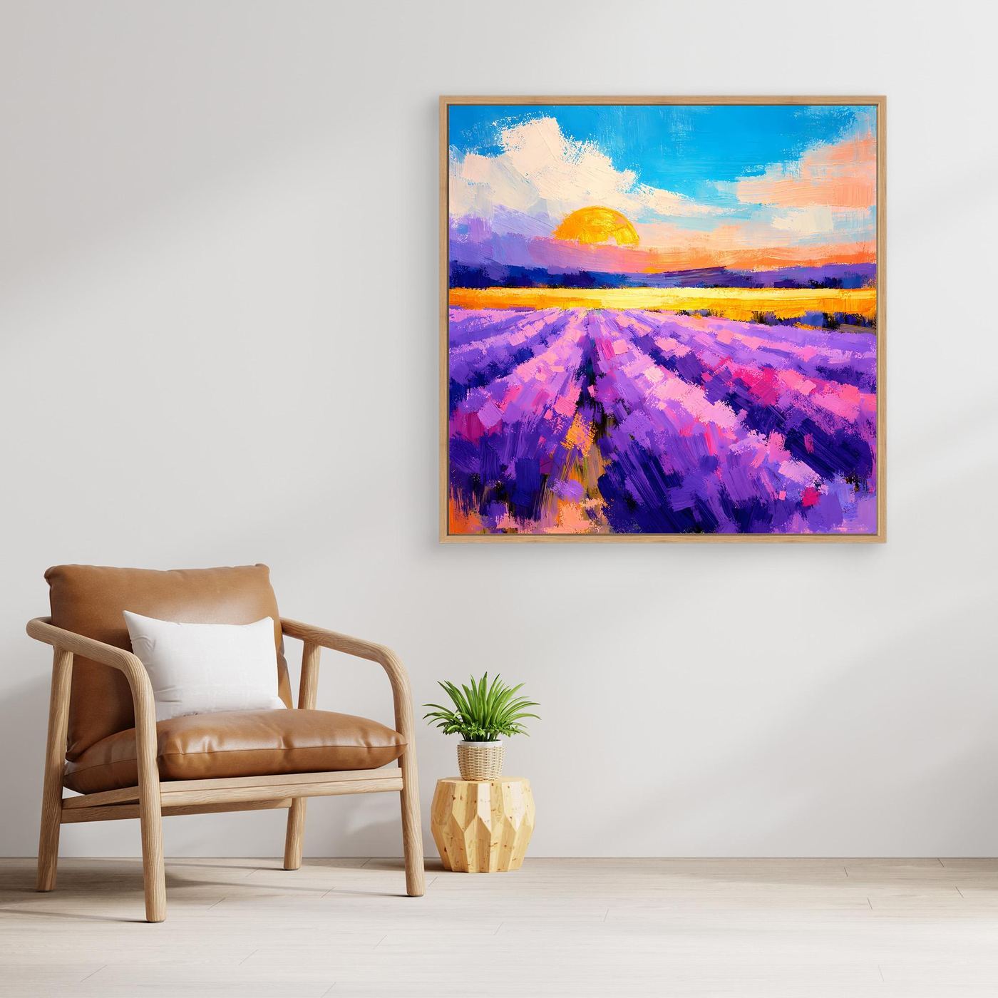 Leinwand-Wandbild mit Lavendelfeld und Sonnenuntergang, gerahmt