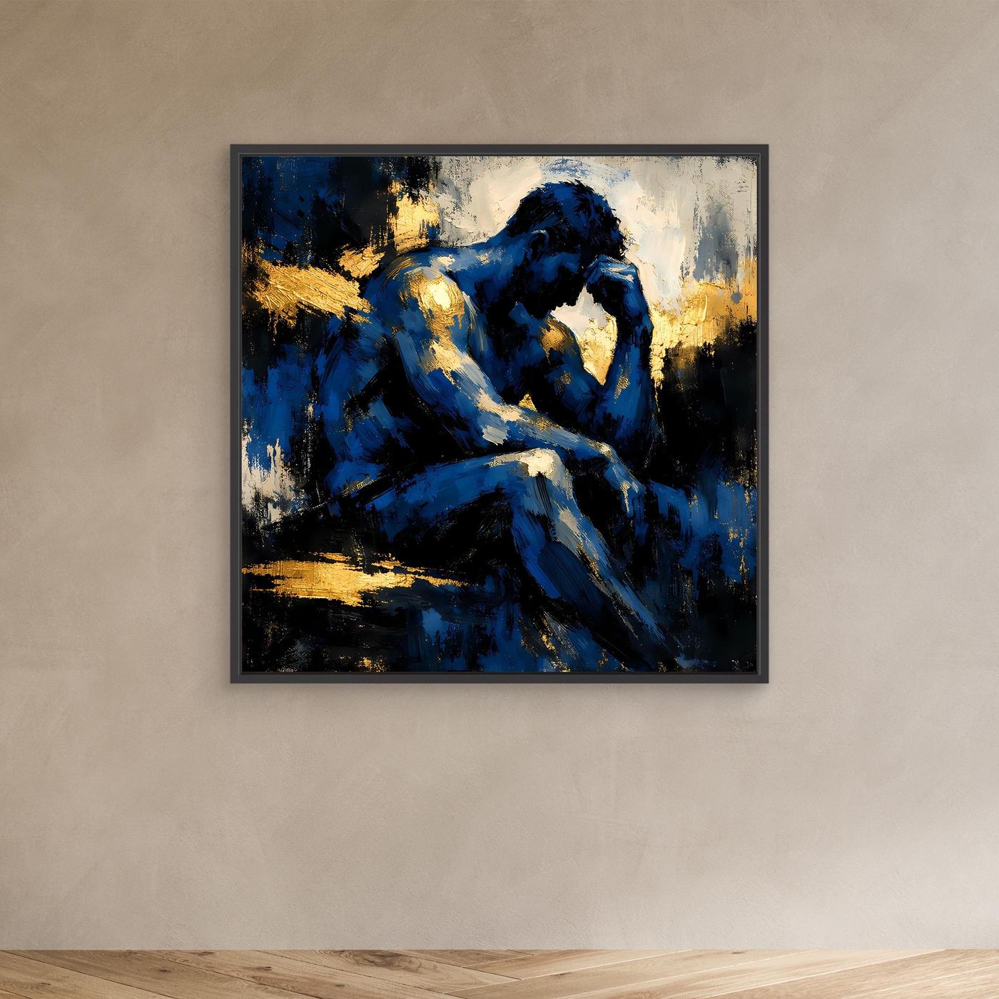 Leinwand Der Denker in Blau | Abstraktes Männersilhouette Wandbild Gold
