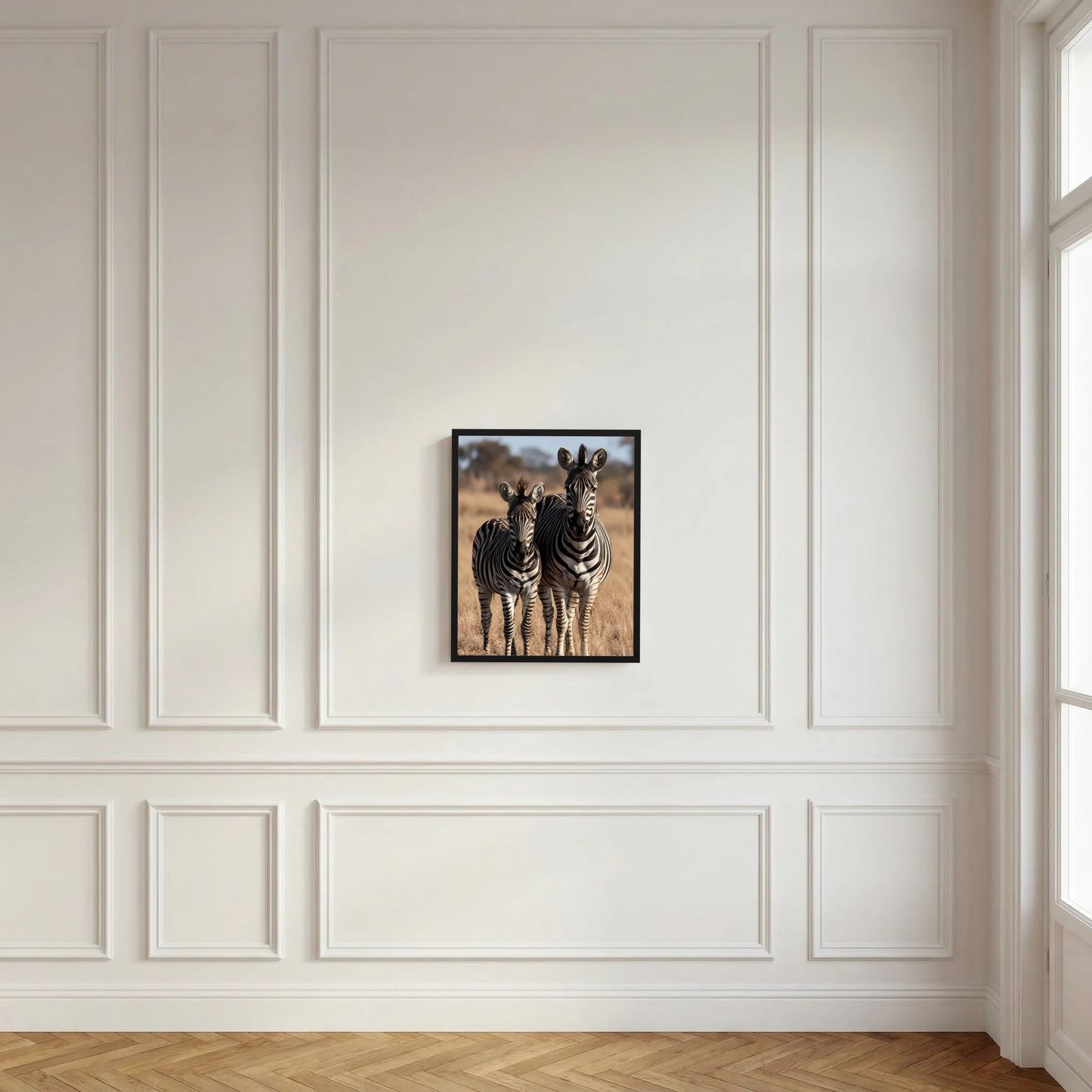 Gerahmtes Poster im Hochformat mit zwei Zebras, Muttertier und Jungtier