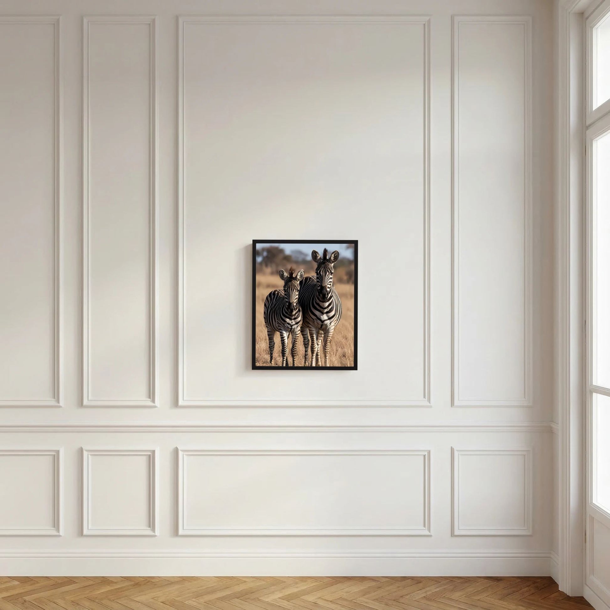 Gerahmtes Poster im Hochformat mit zwei Zebras, Muttertier und Jungtier
