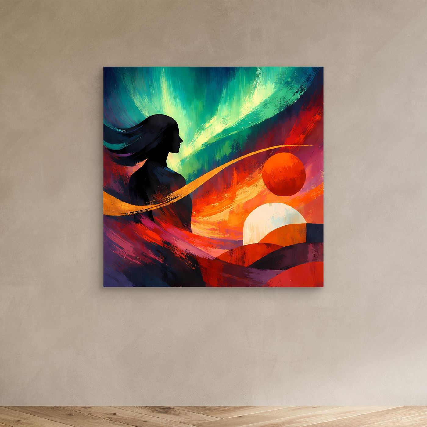 Leinwandbild mit abstraktem Polarlicht und Frauensilhouette, Farbkugeln in Grün, Orange, Rot