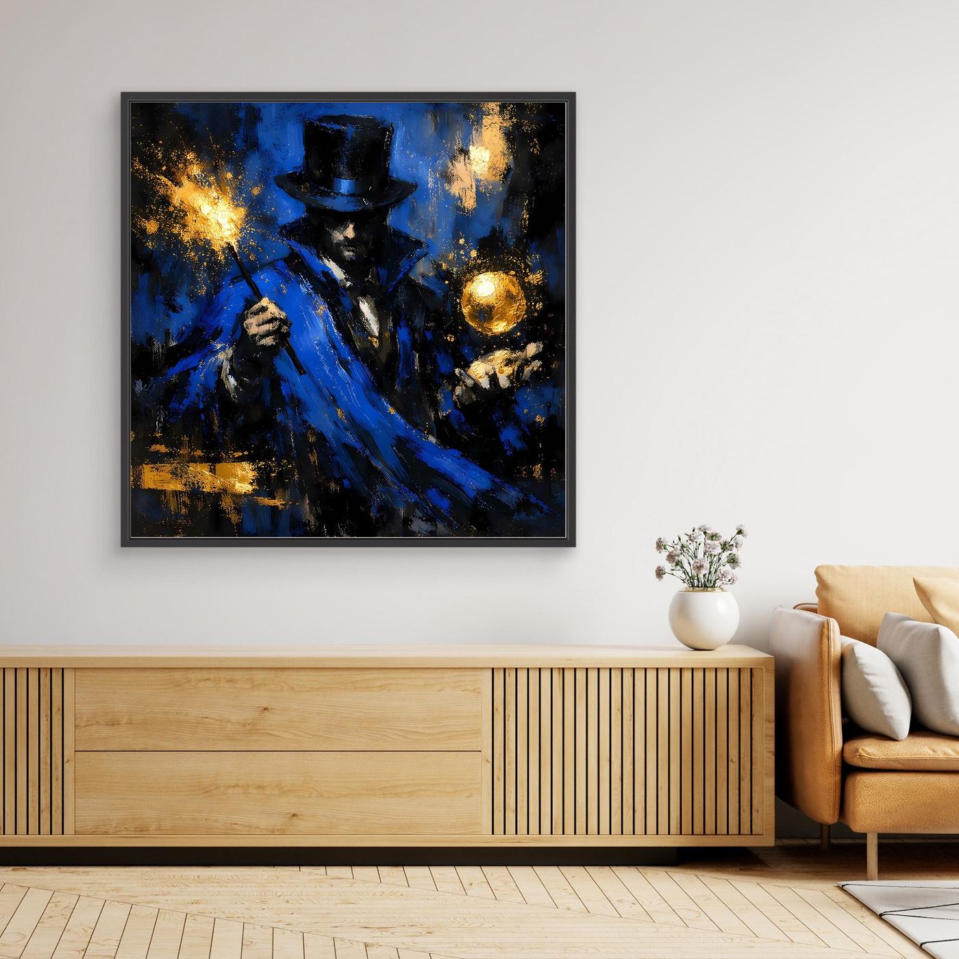Leinwand Mystischer Magier in Blau und Gold | Abstraktes Fantasy Wandbild Moderne Kunst