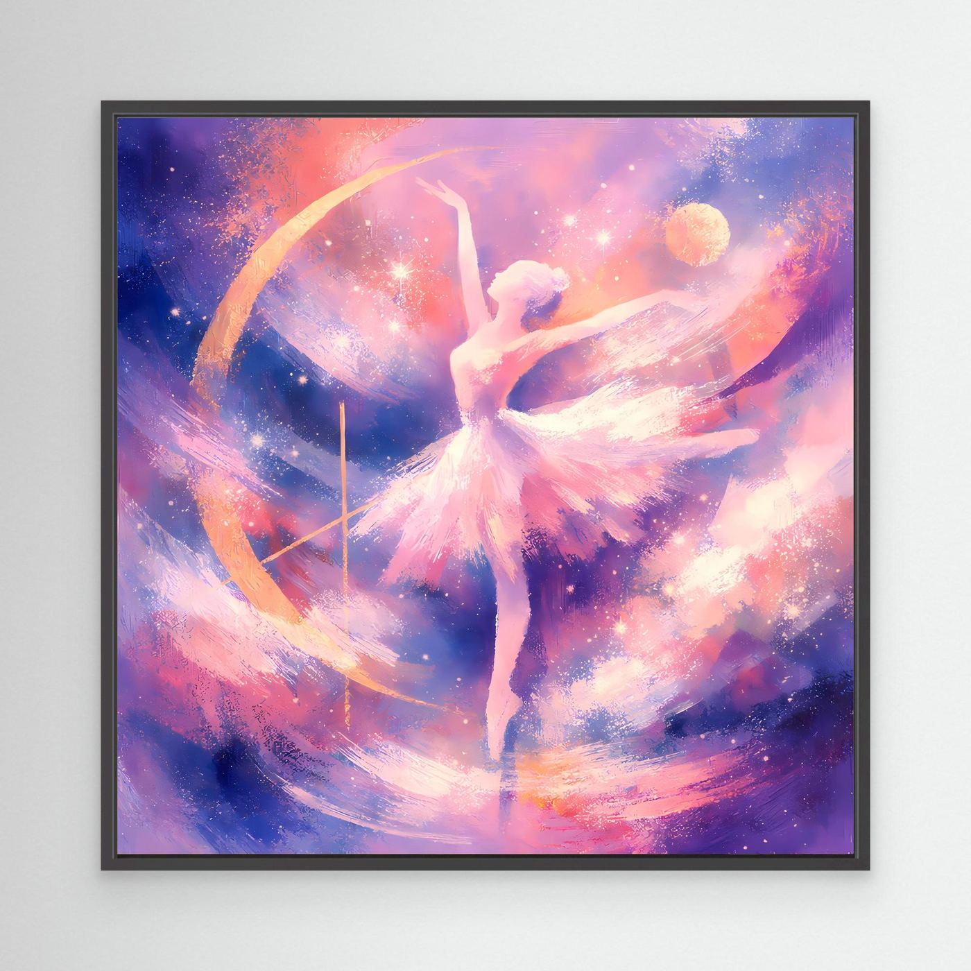 Leinwandbild Ballerina in Pastellfarben, tanzend zwischen Sternen und Wirbeln im schwarzen Rahmen