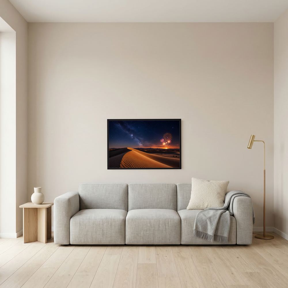 Wandbild/Poster im Querformat mit Wüstendünen bei Nacht, Sternenhimmel und Feuerwerk