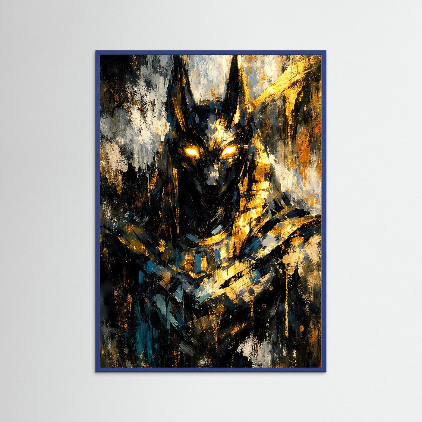 Abstraktes Hochformat-Poster mit Anubis-Motiv im blauem Holzrahmen, Gold und Schwarz