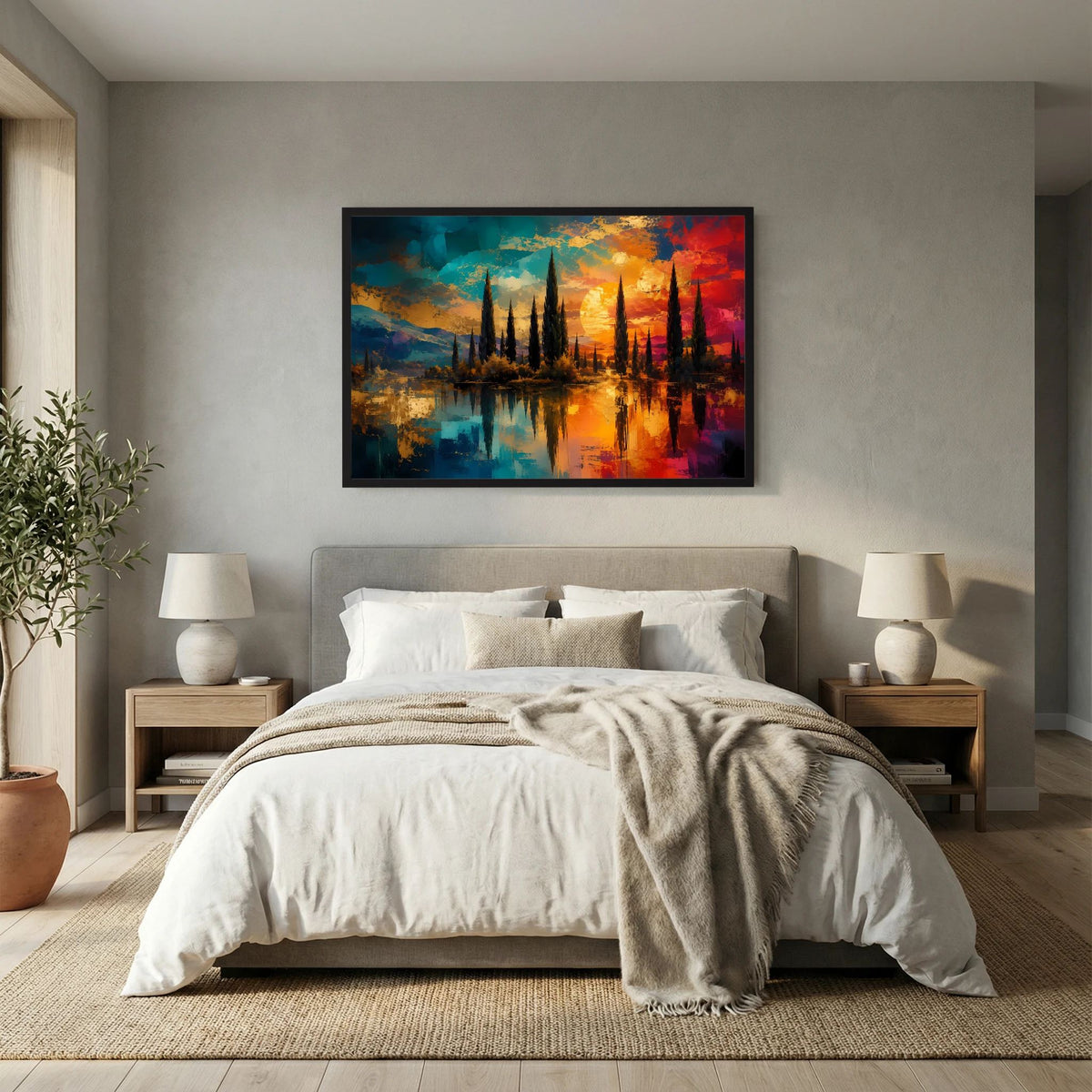 Poster mit abstrakter Zypressenlandschaft im Querformat, Sonnenuntergang, schwarz gerahmt