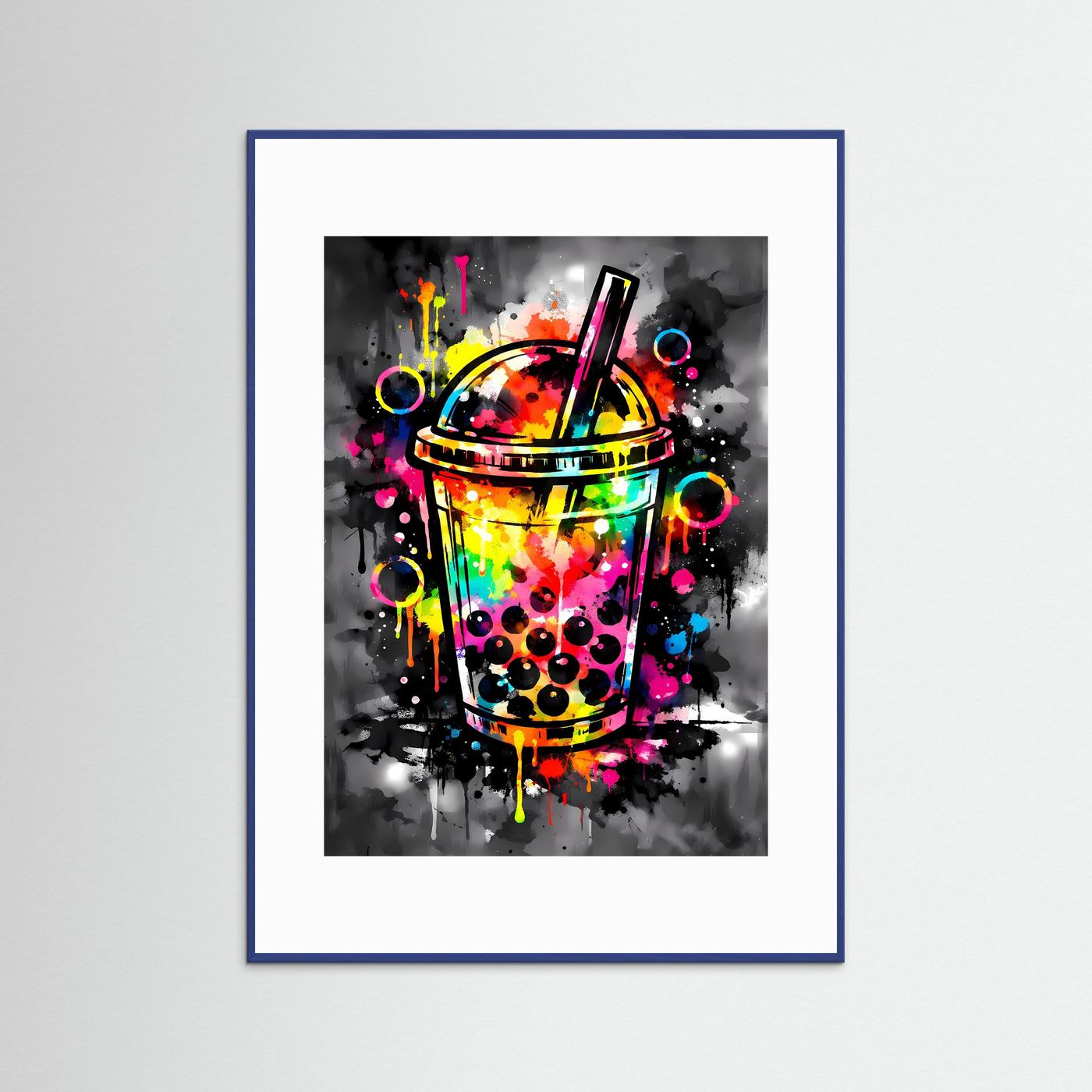 Die Kunst des Trends | Neon Bubble Tea Poster in Regenbogenfarben & Schwarz | Abstraktes Pop-Art Kunstposter Hochformat