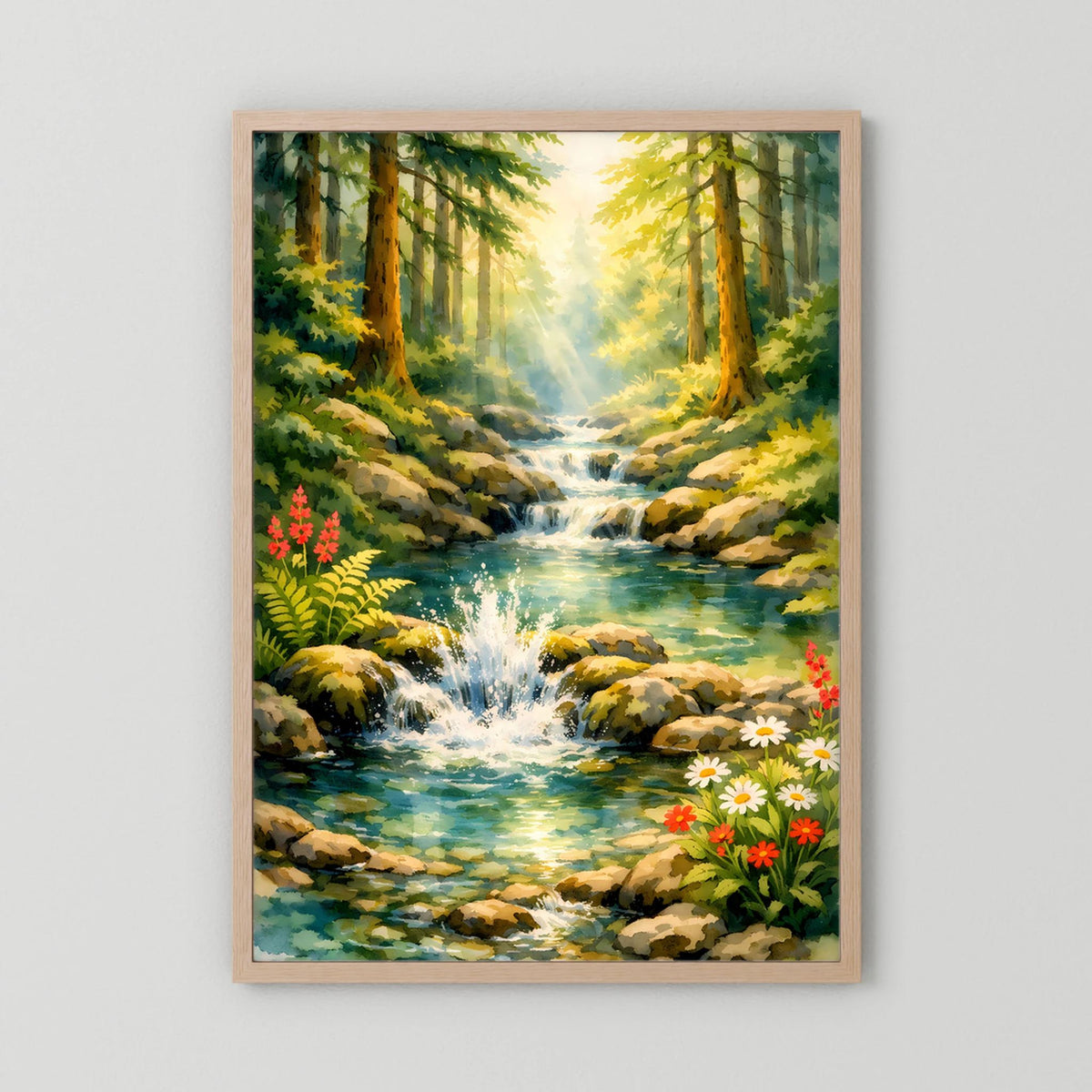 Poster mit Waldidylle und Wasserfall, Holzrahmen hell, Blumen am Bachufer