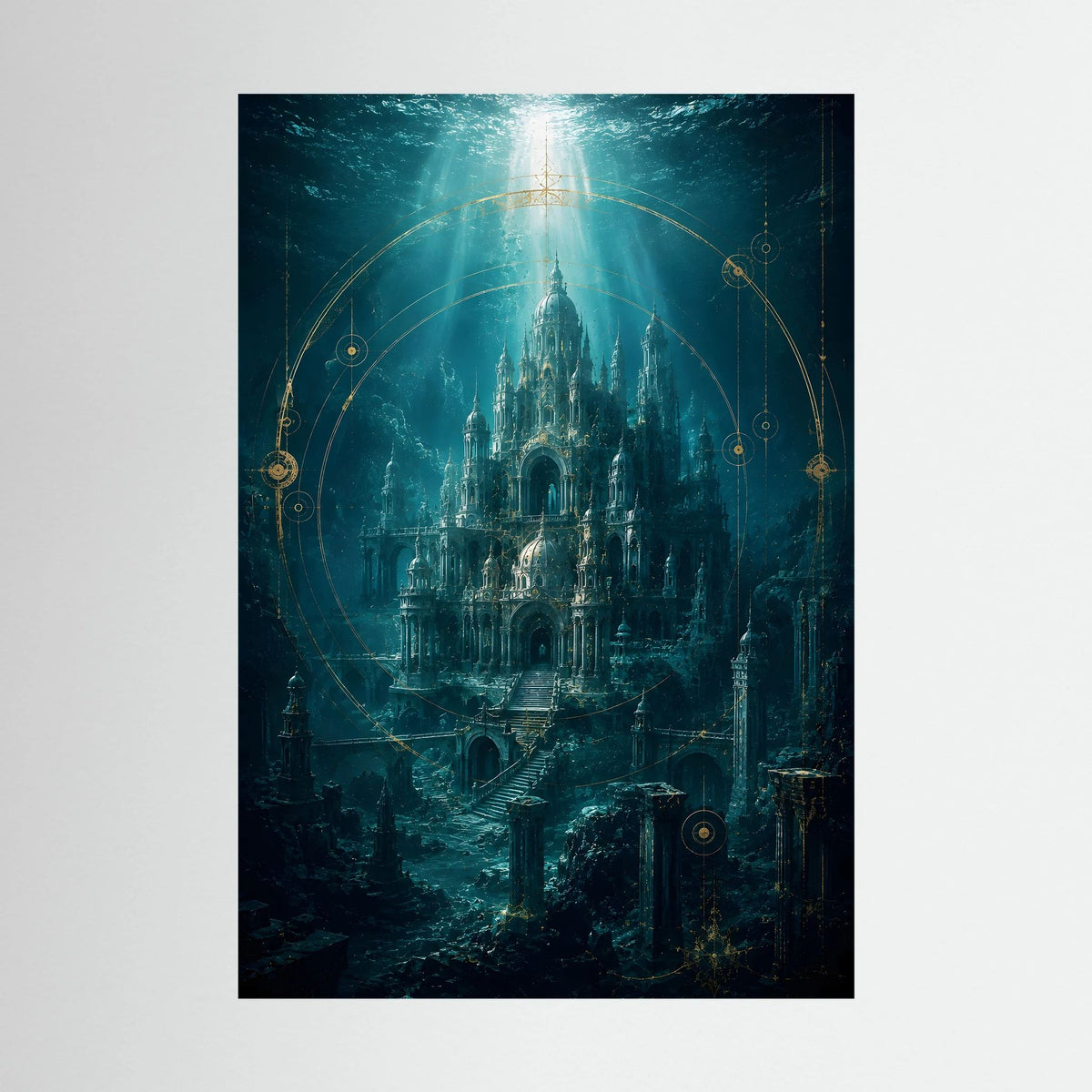 Ungefähres Kunstposter im Hochformat mit Unterwasserstadt in Türkis und Gold, Lichtstrahl oben