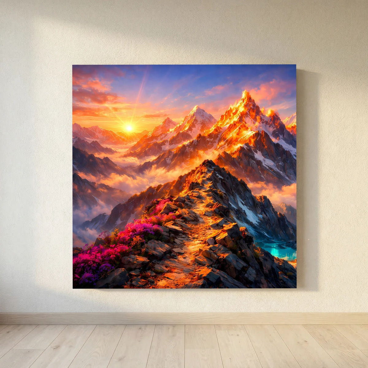 Leinwandbild auf Holzkeilrahmen, Bergkette bei Sonnenuntergang mit warmem Licht.