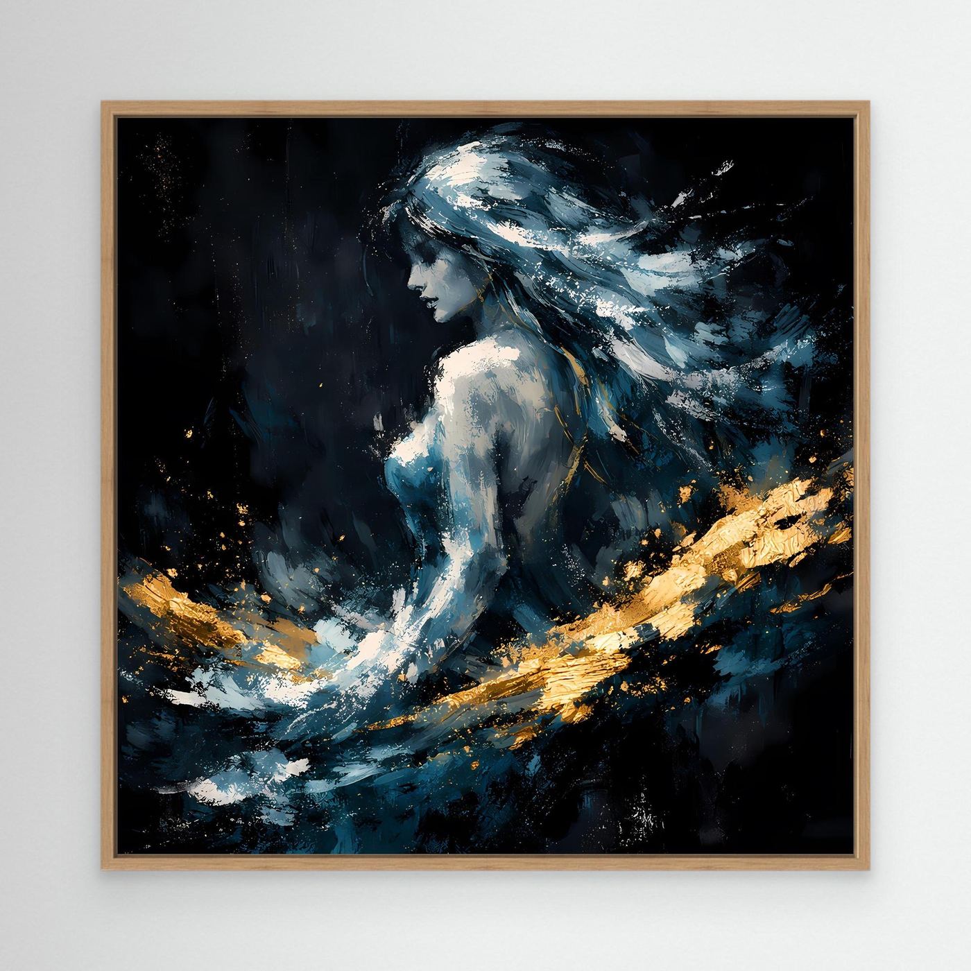 Leinwand Mystische Frauen-Figur in Blau und Gold | Modernes Abstraktes Fantasie Wandbild