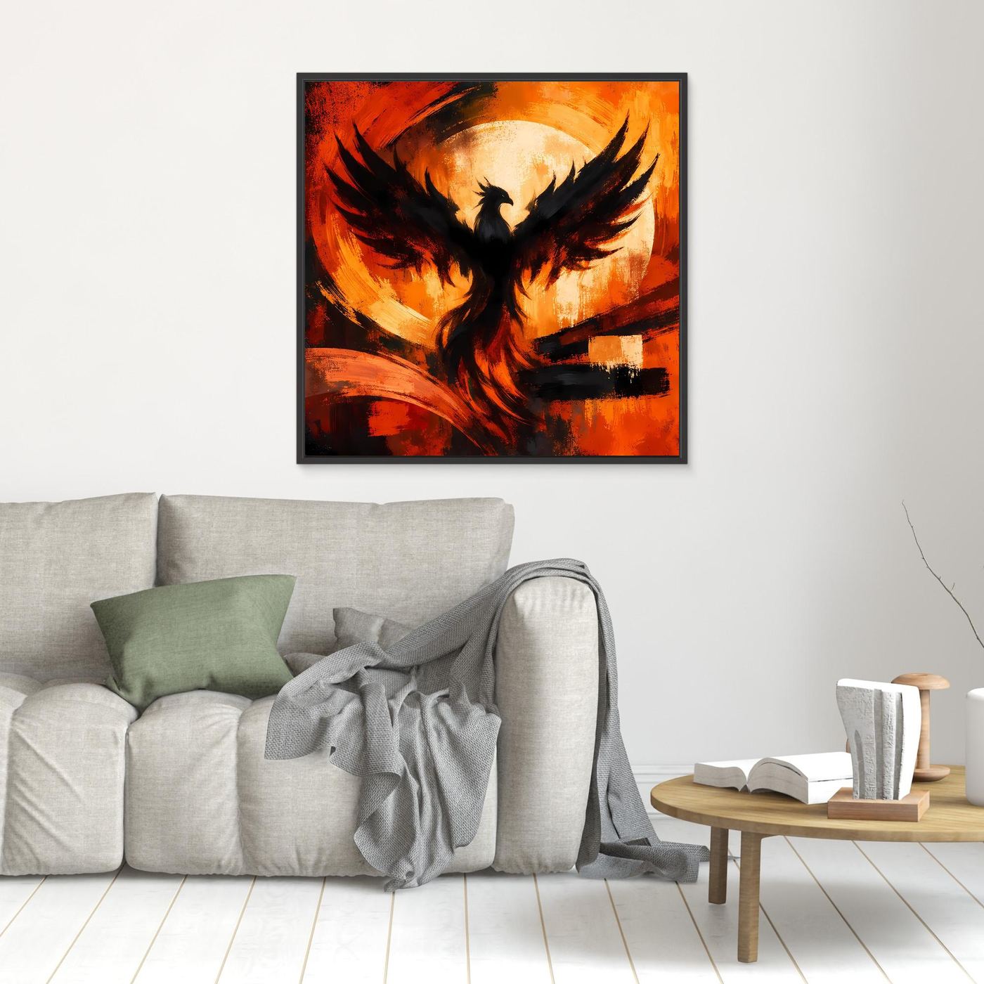 Gerahmtes Leinwandbild mit Phönixmotiv, schwarze Flügel, orange-roter Hintergrund