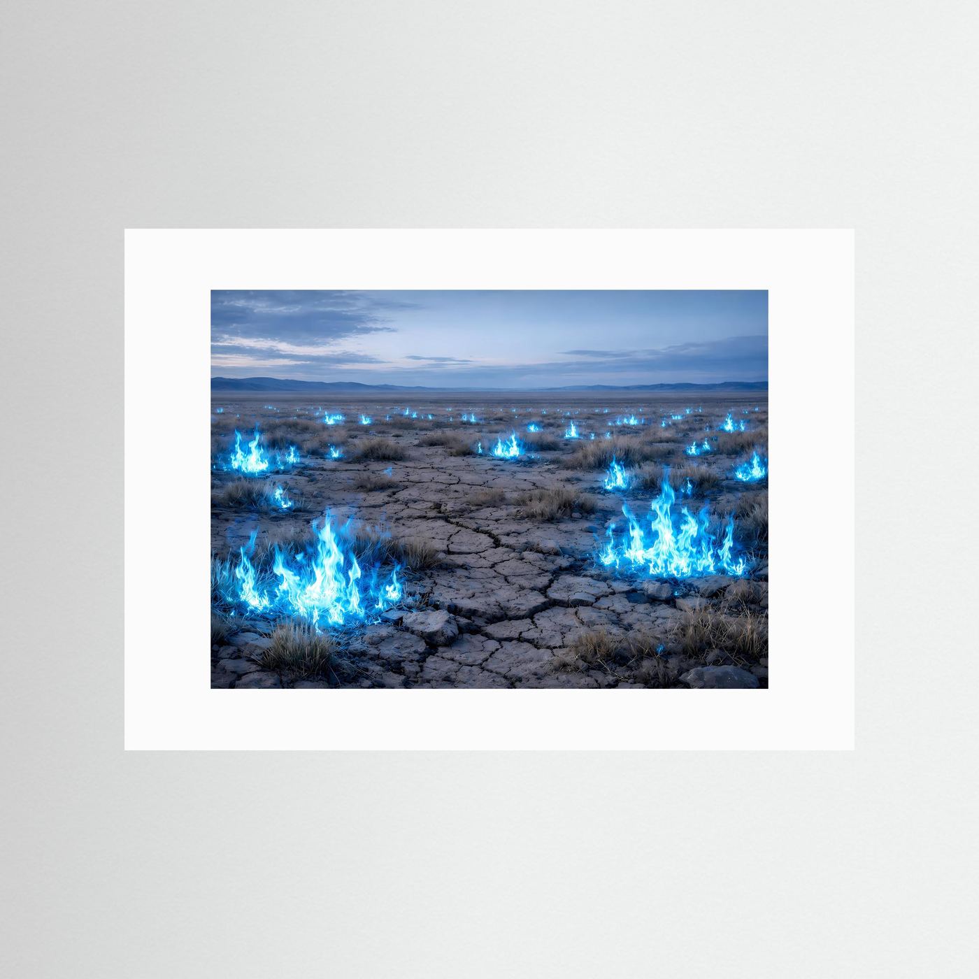 Fantasy-Poster mit blau leuchtenden Irrlichtern, weißes Passepartout, Querformat