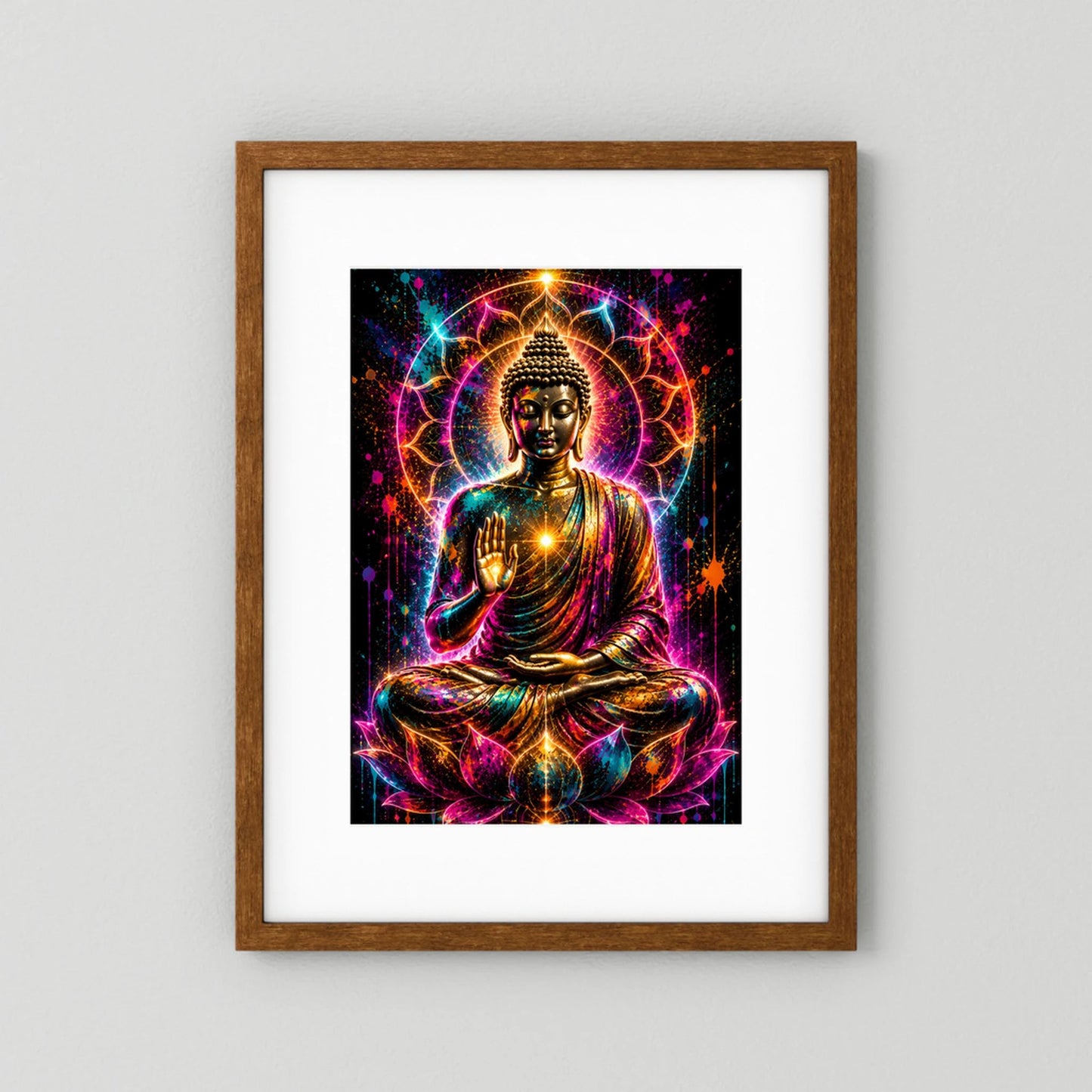 Hochformat-Poster mit Buddha in Meditation, goldene und bunte Neonoptik, dunkler Holzrahmen