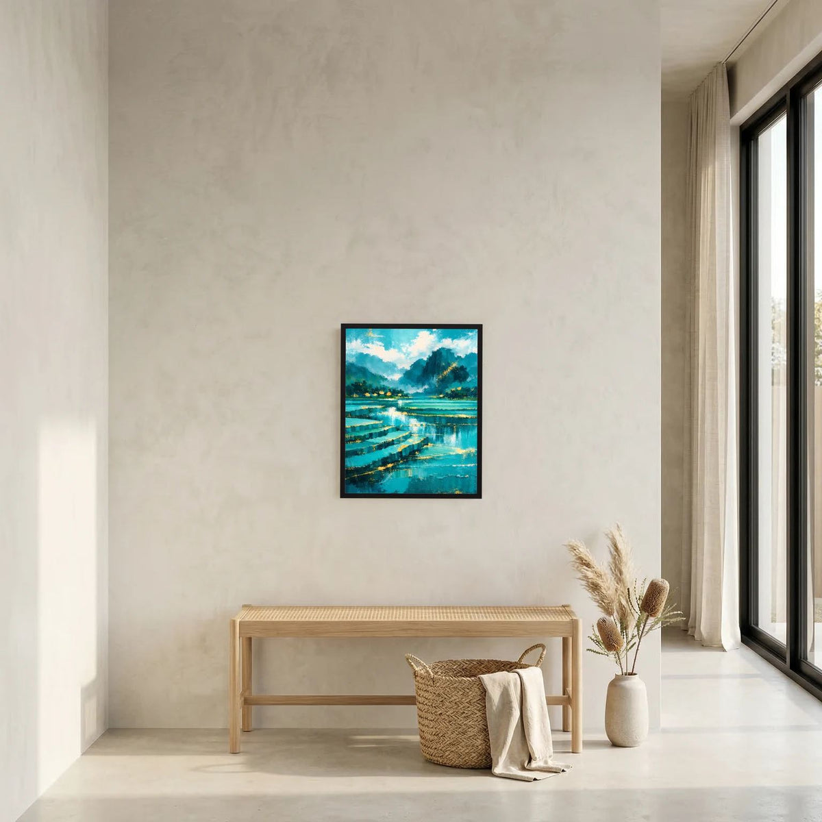 Abstraktes Landschaftsbild mit türkisfarbenem Wasser und Bergen, im schwarzen Rahmen