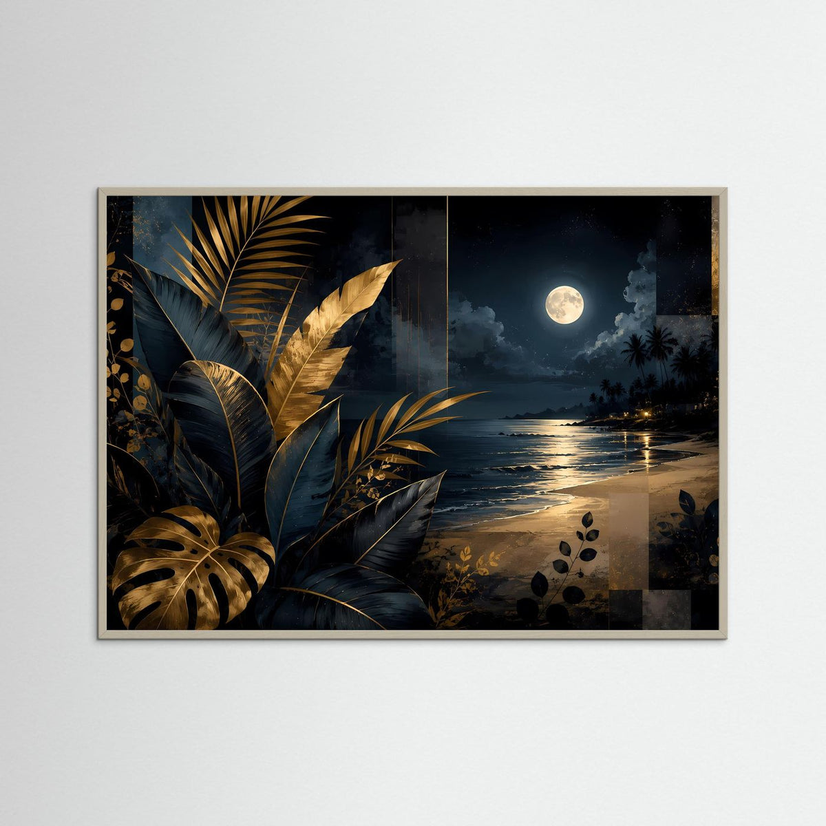 Querformat-Poster im grauen Rahmen mit tropischem Blättermotiv, Strand und Vollmond am Nachthimmel.