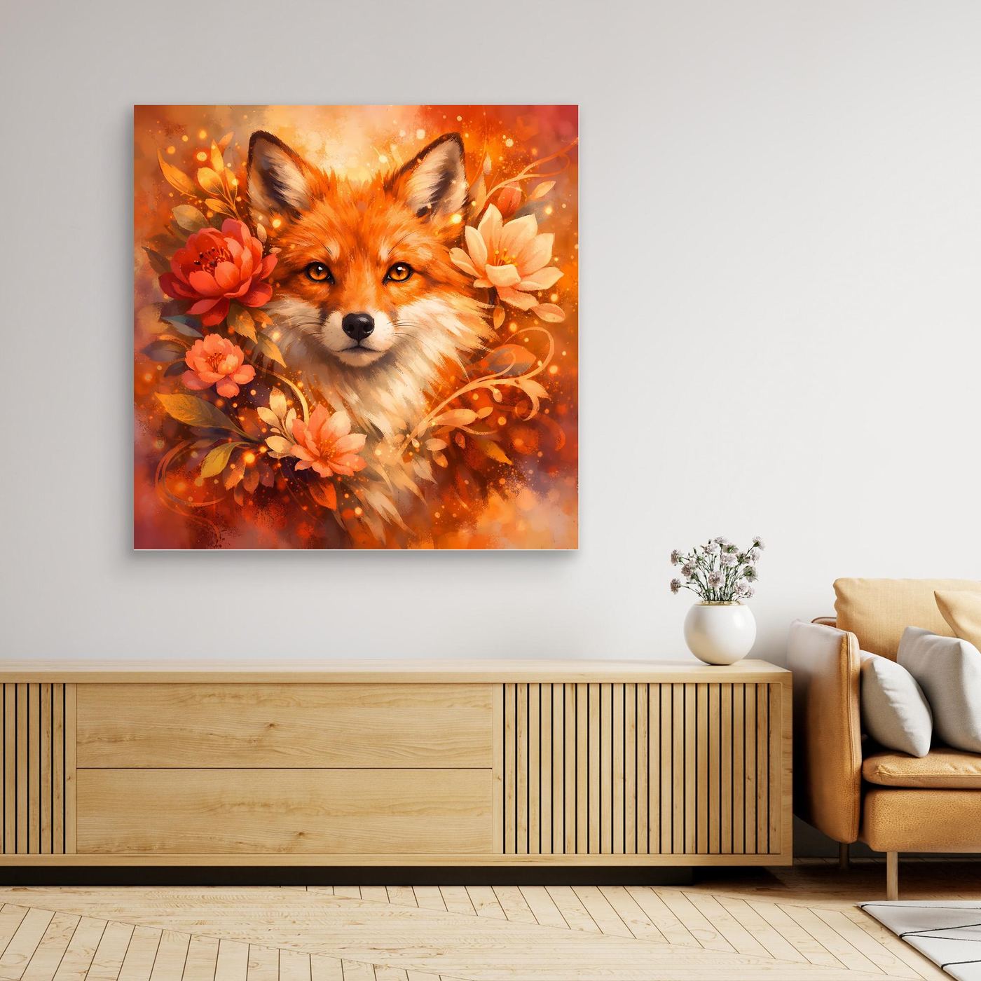 Leinwandbild mit Fuchs im Blumenkranz, orangefarbenes Motiv, quadratischer Rahmen