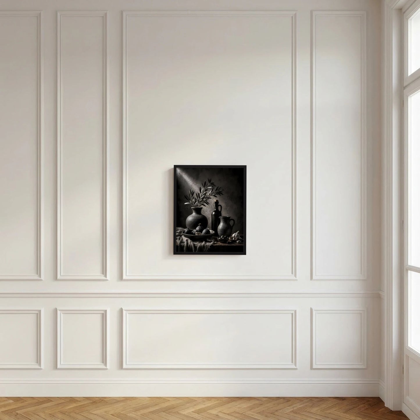 Wandposter im schwarzen Rahmen: Schwarzweiß-Stillleben von Keramik und Olivenzweigen