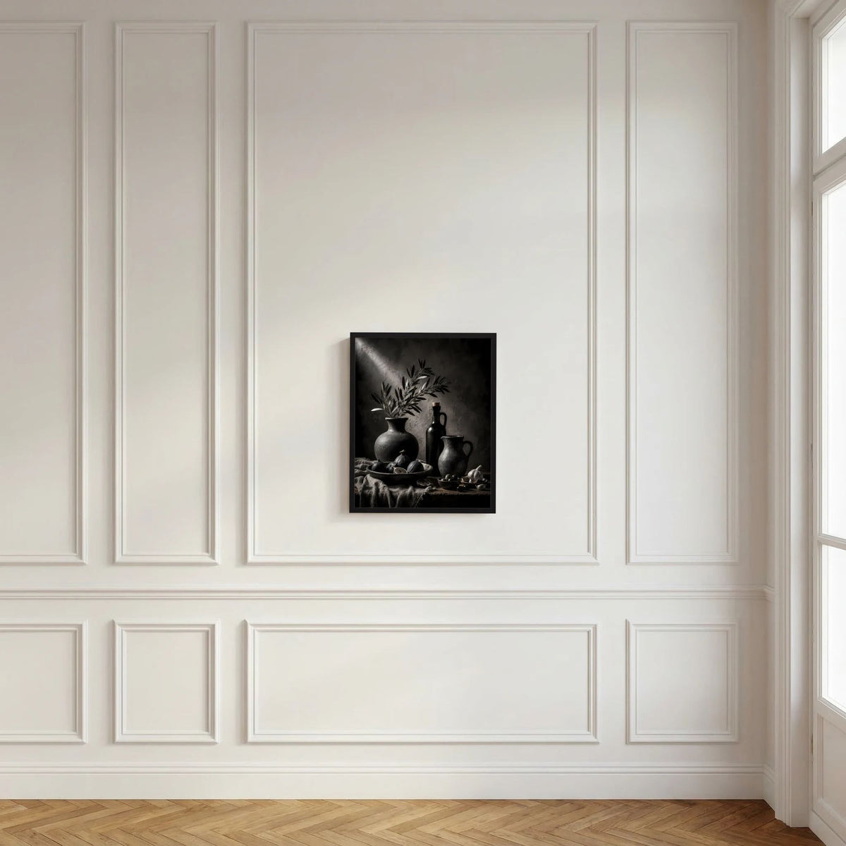 Wandposter im schwarzen Rahmen: Schwarzweiß-Stillleben von Keramik und Olivenzweigen