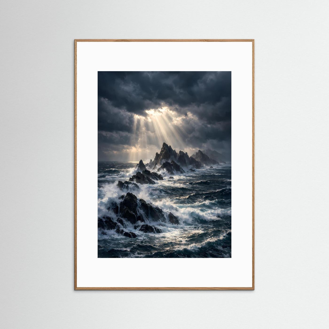 Hochformatiges Ozeanposter mit Klippen im goldbraunen Holzrahmen und Lichtstrahlen