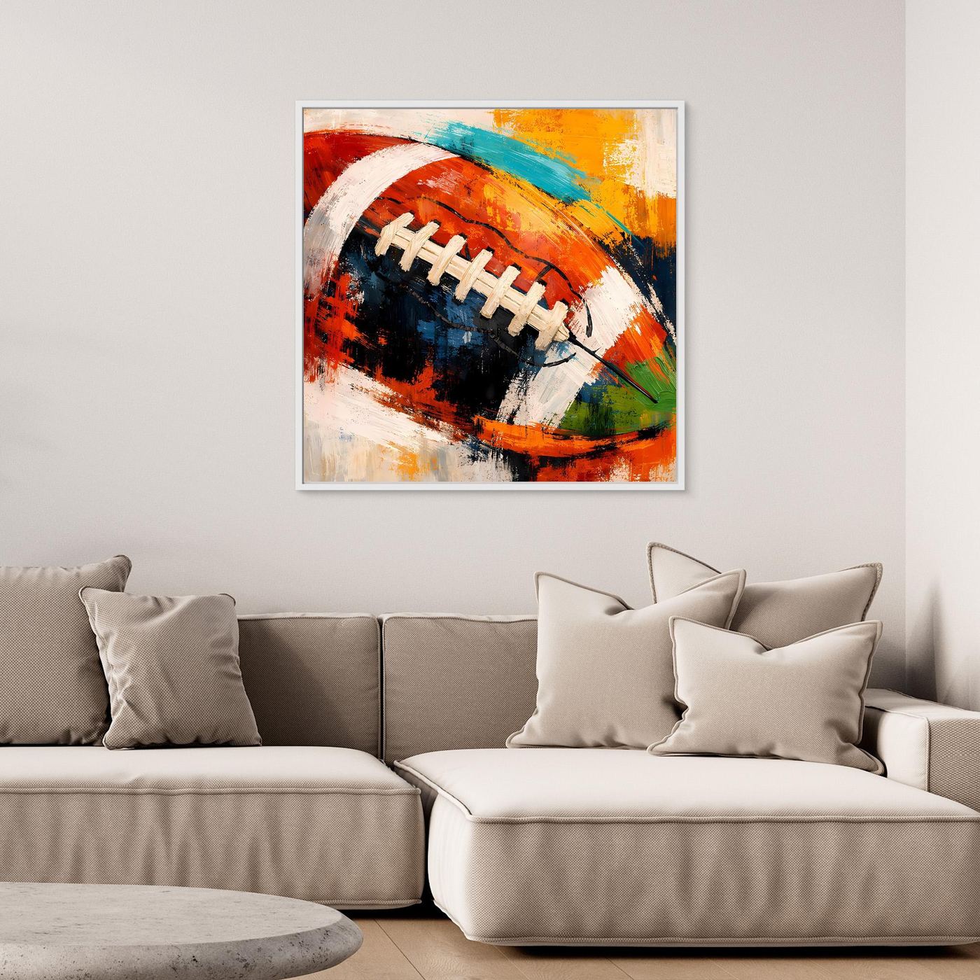 Leinwandbild mit abstraktem American-Football in Rot, Blau, Gelb im weißen Rahmen