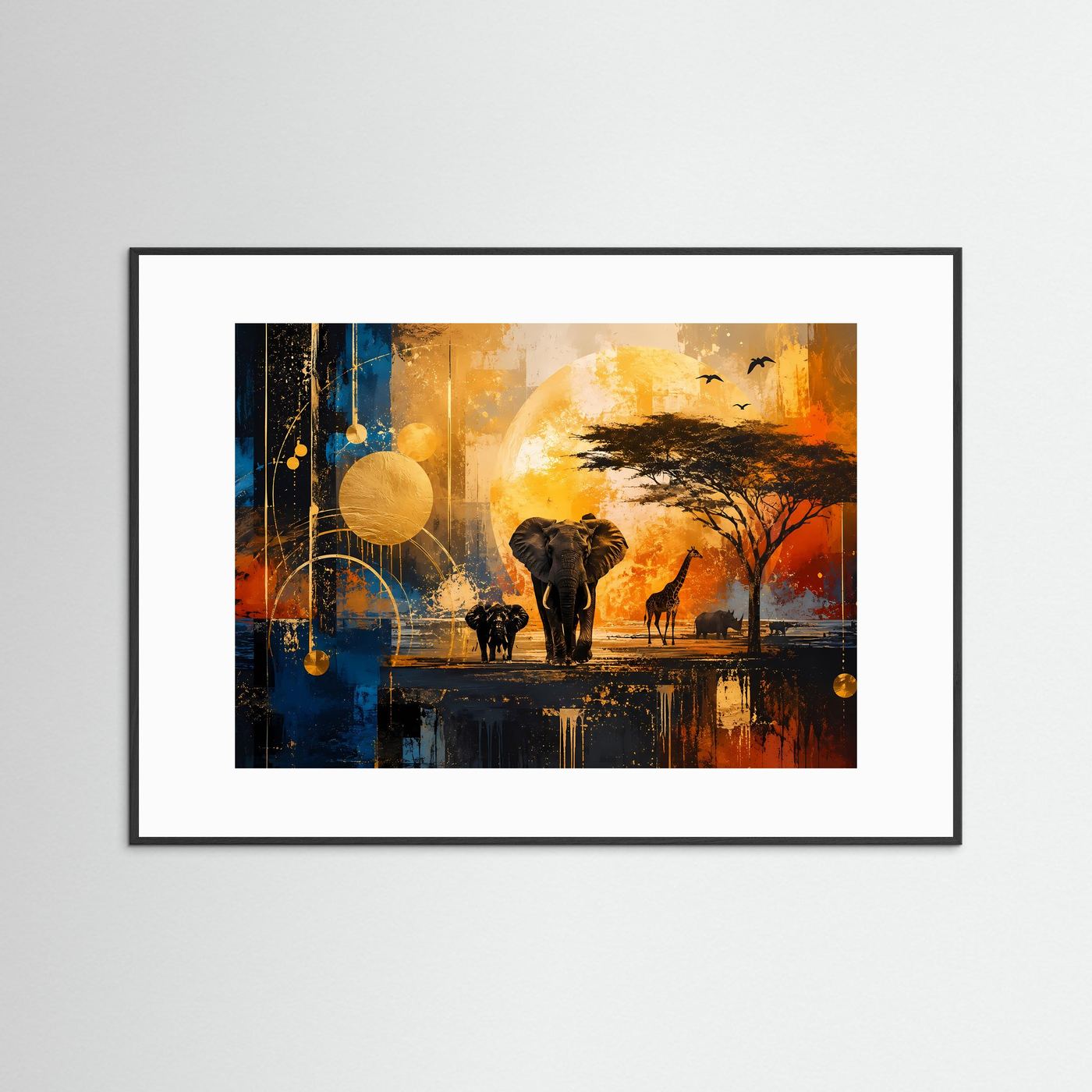 Afrikanische Safari Wandbild | Elefantenfamilie bei Sonnenuntergang in Gold & Blau